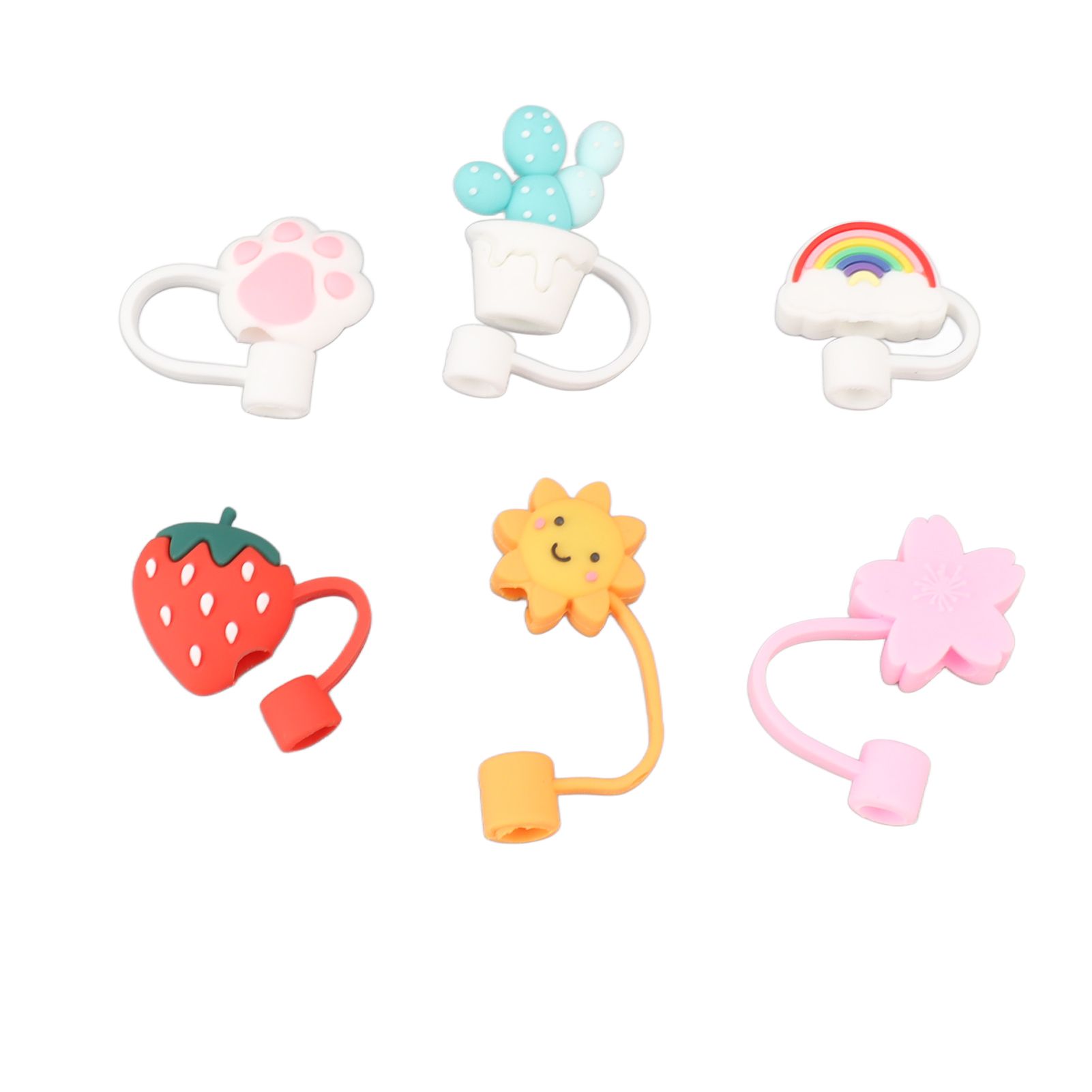 6Pcs Straw Cover Cap Cute Cartoon Reusable Silicone Toppers Drinking Tips Lids view 7
