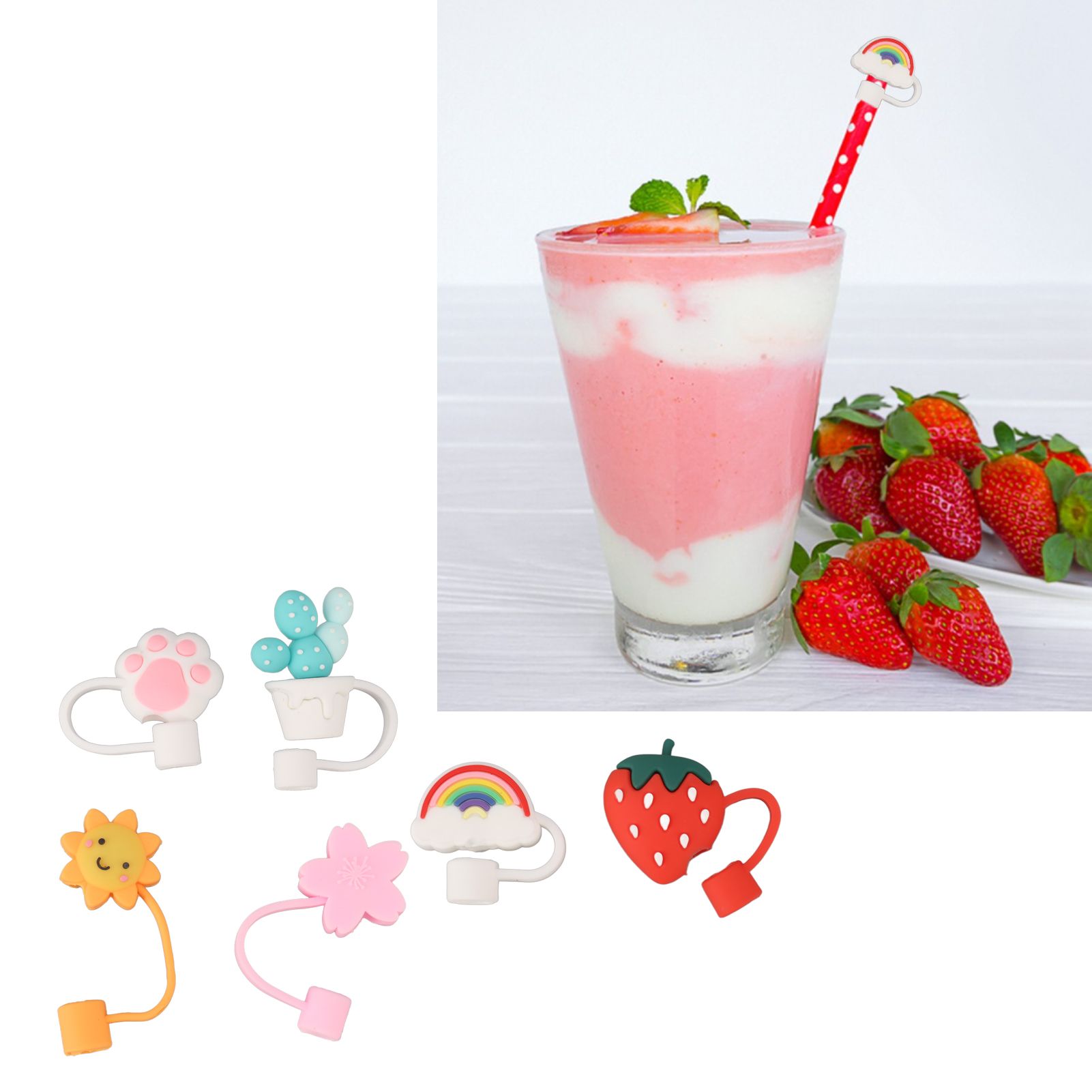 6Pcs Straw Cover Cap Cute Cartoon Reusable Silicone Toppers Drinking Tips Lids view 11