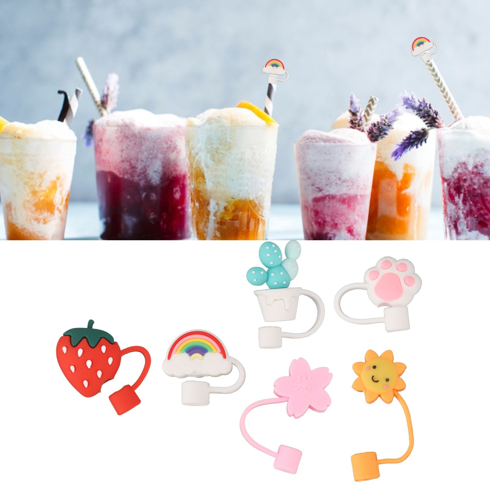 6Pcs Straw Cover Cap Cute Cartoon Reusable Silicone Toppers Drinking Tips Lids view 12