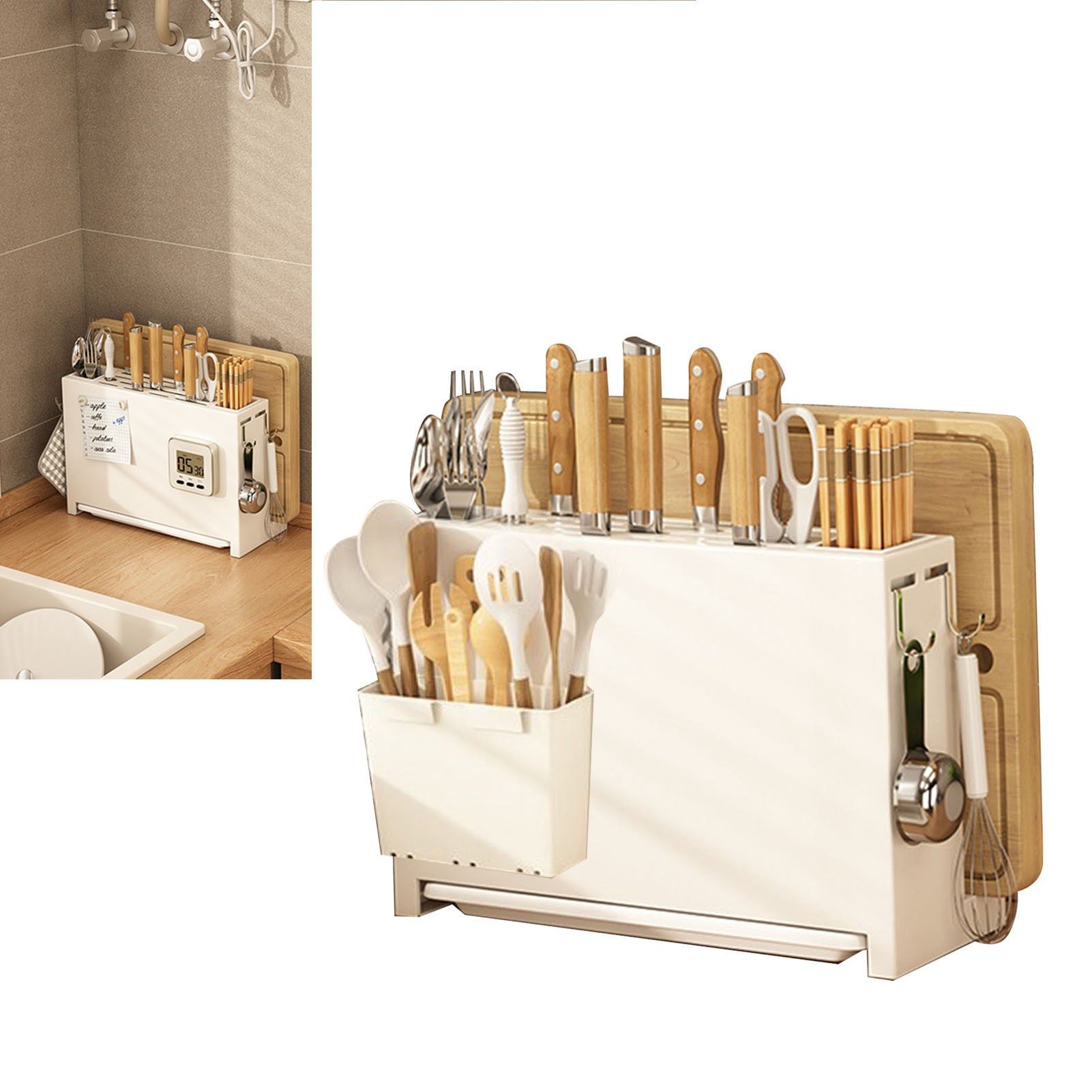 White Kitchen Chopsticks Knife Stand Cutting Board Integrated Magnet Draining view 5