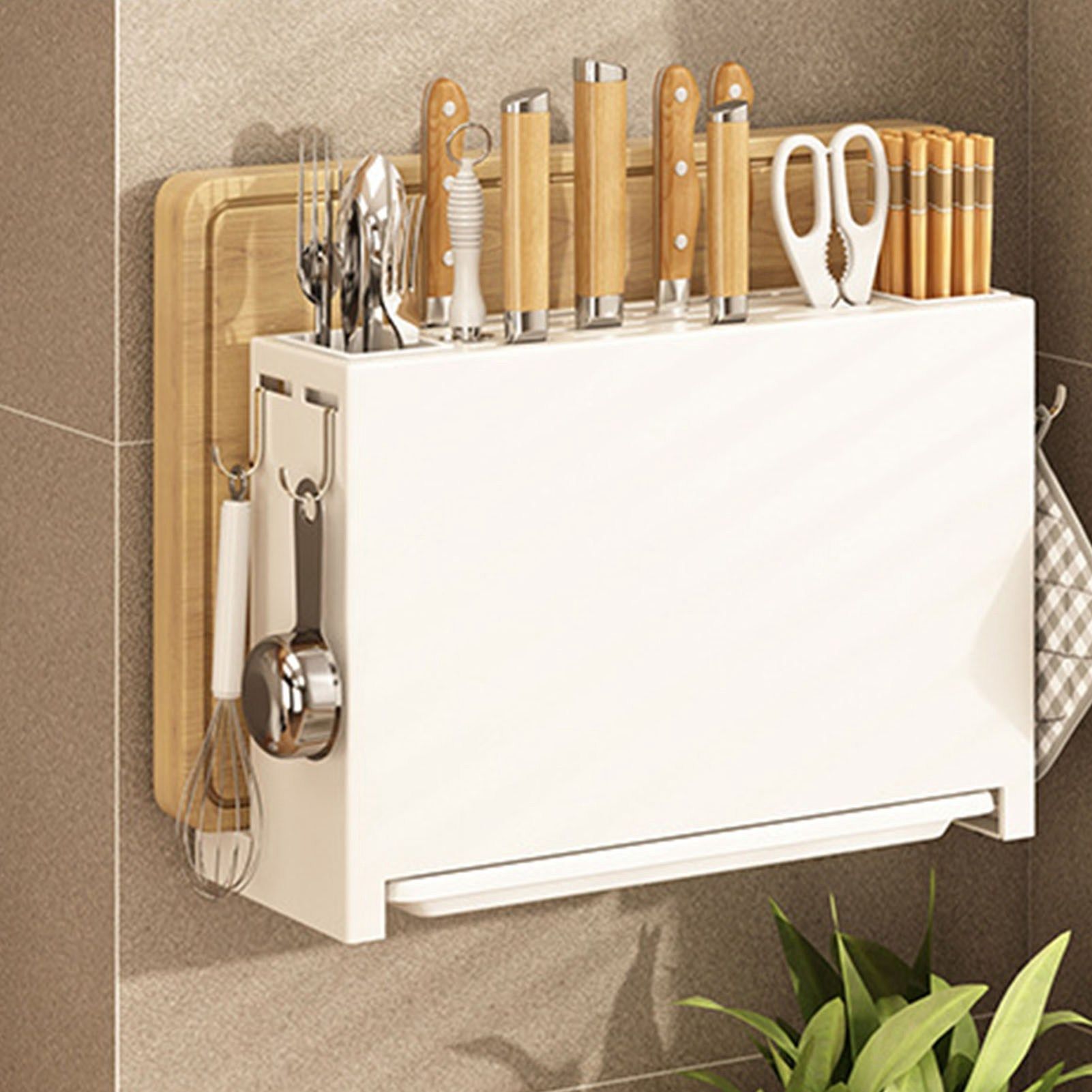 White Kitchen Chopsticks Knife Stand Cutting Board Integrated Magnet Draining view 12