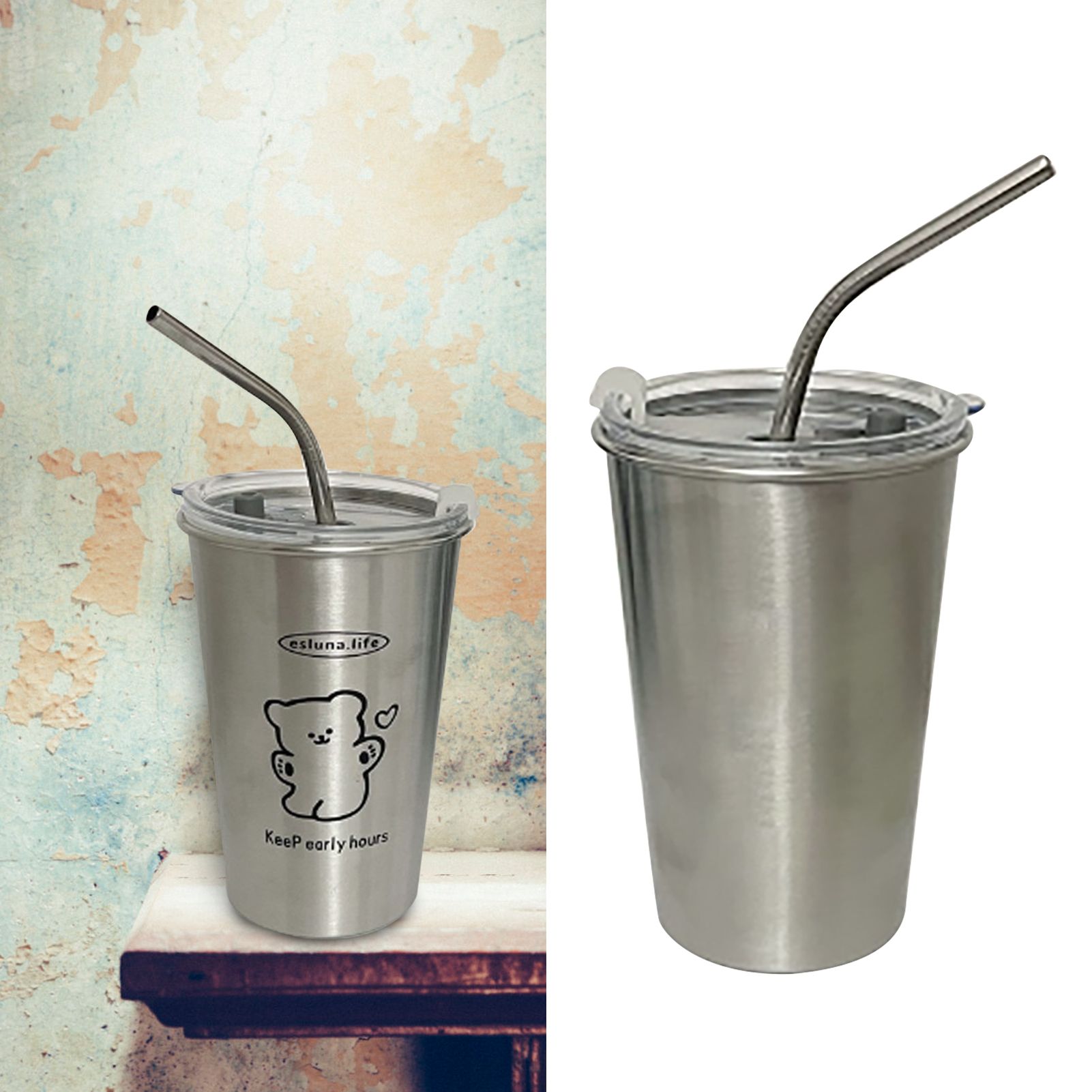 Stainless Steel Cold Tumbler 500ml with Metal Straws Lid Iced Coffee Travel view 5