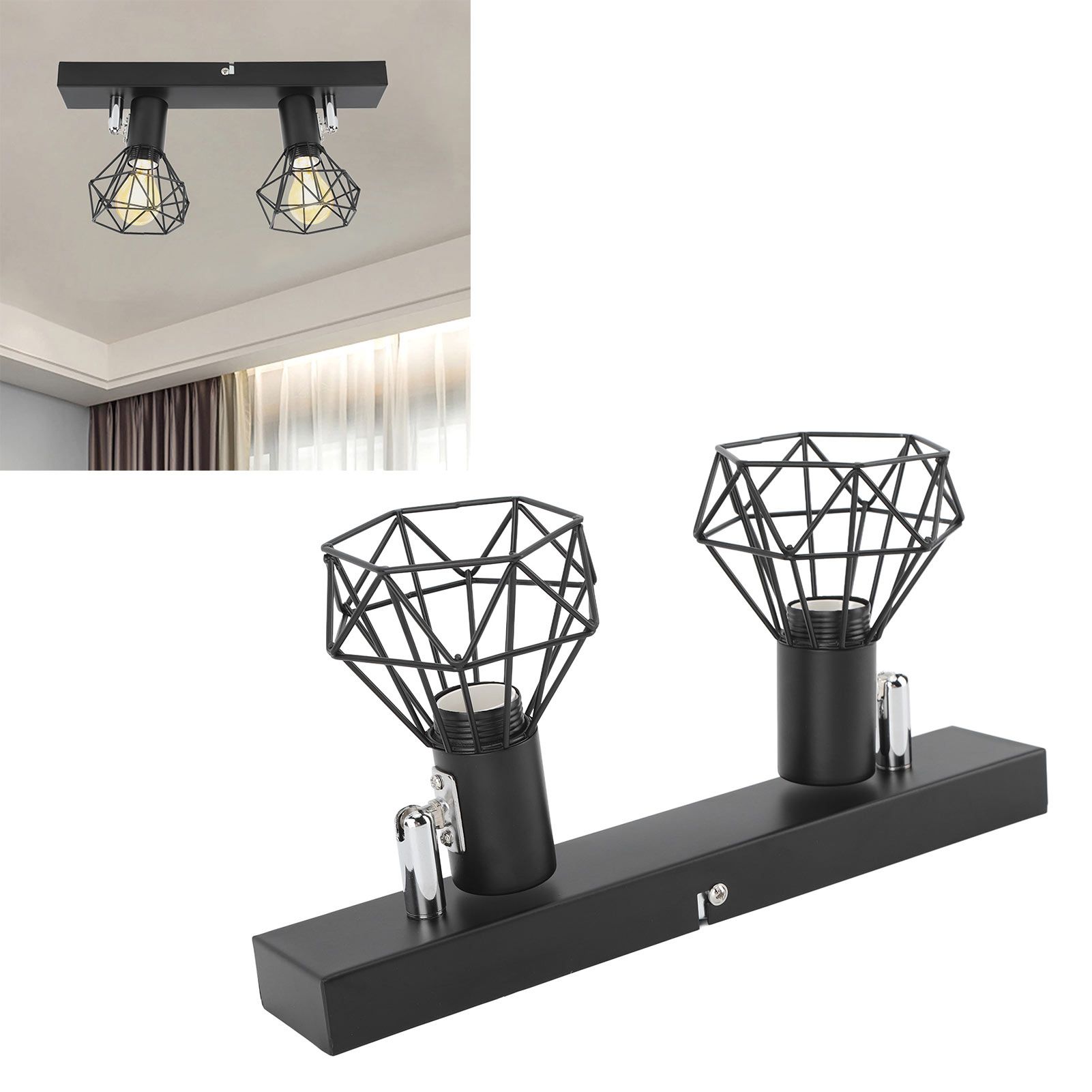 Ceiling Track Light Fixture E14 Lamp Holder Adjustable 2 Head Vintage Tracking view 11