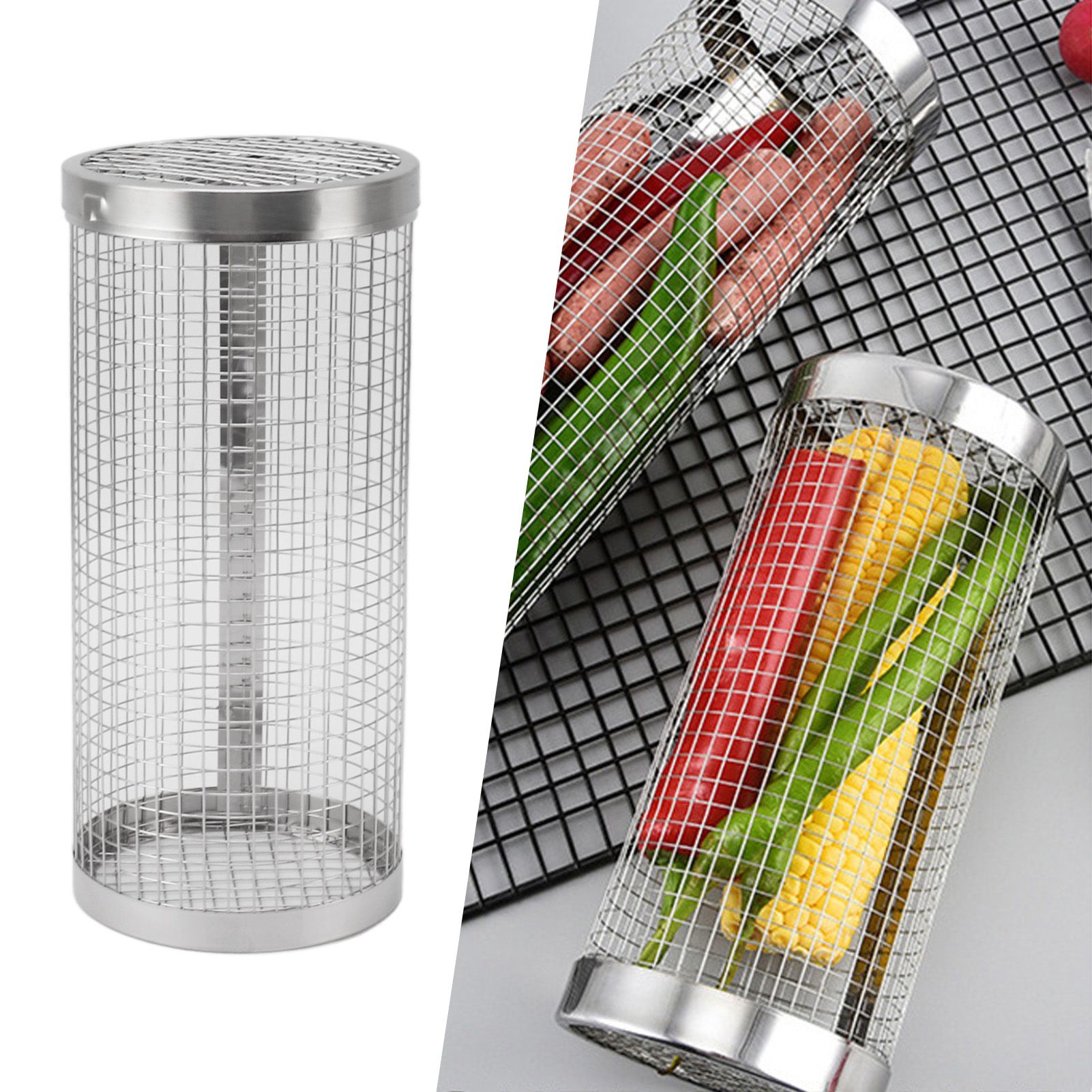 BBQ Net Tube Rolling Grilling Basket Stainless Steel Wire Mesh Cylinder Grill view 11