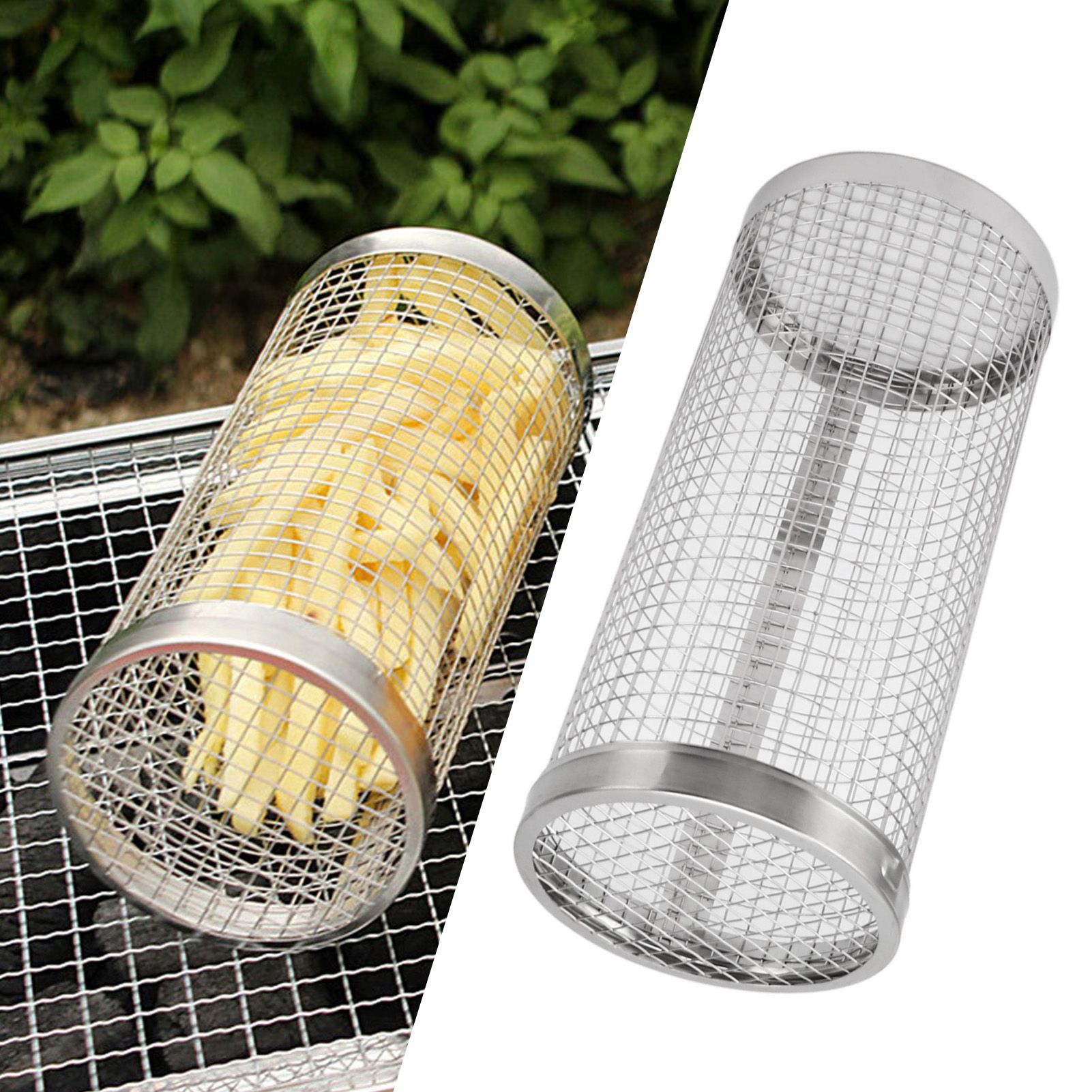BBQ Net Tube Rolling Grilling Basket Stainless Steel Wire Mesh Cylinder Grill view 12