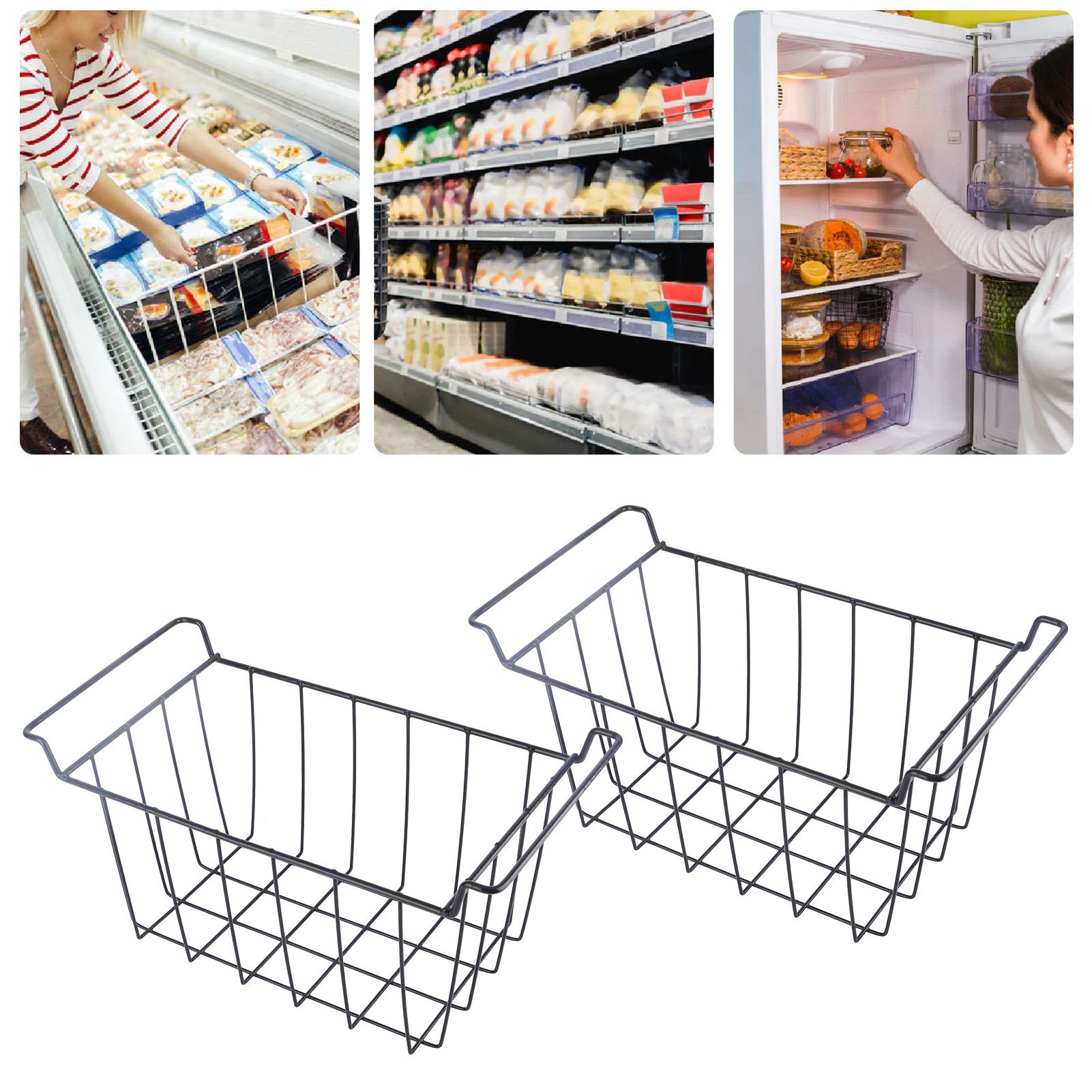 2 Pcs Freezer Wire Storage Basket PE Coated Hanging Rack Organizer Bin Black view 12