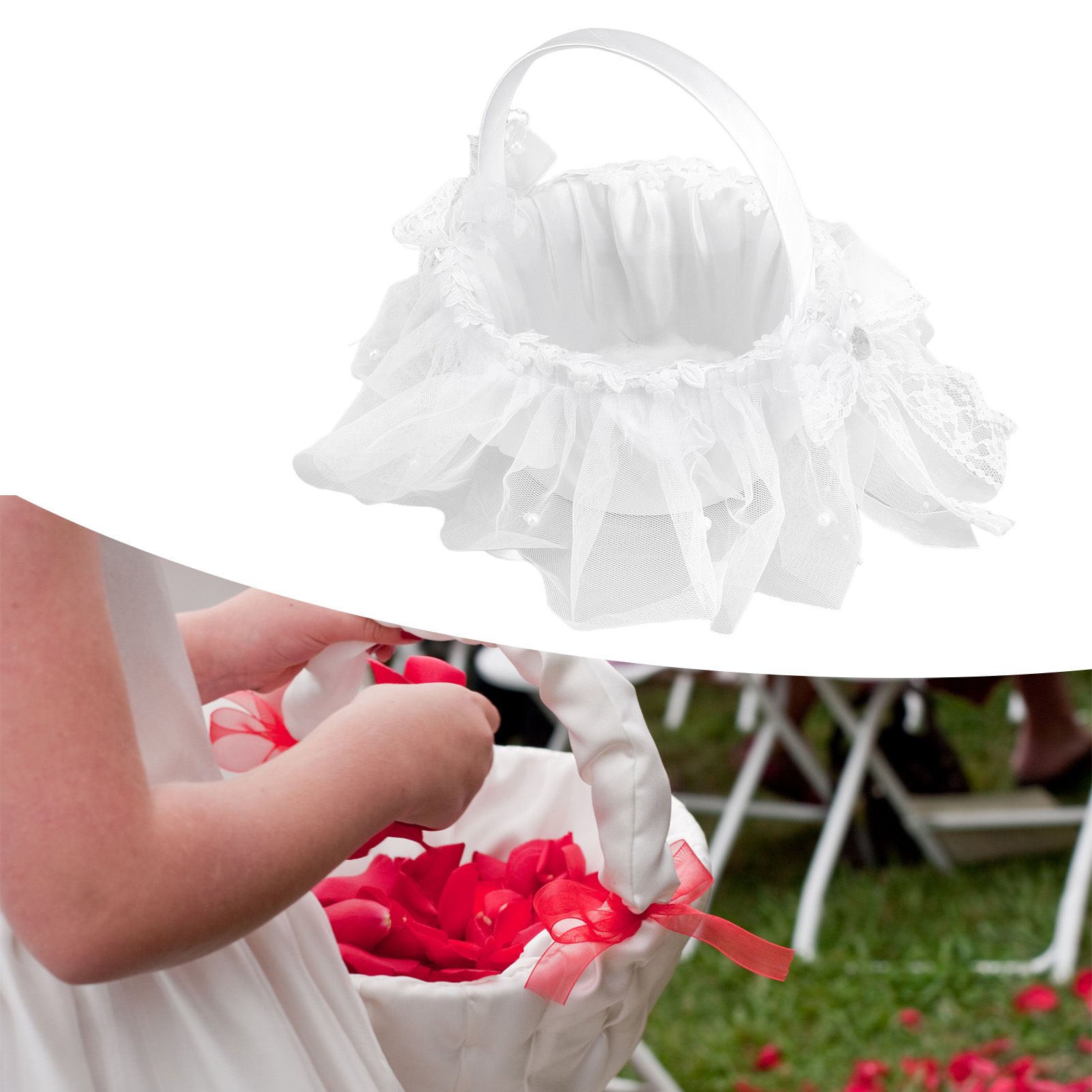 Wedding Flower Girl Basket White Lace Classic Gift Ceremony Supplies for Rose view 12