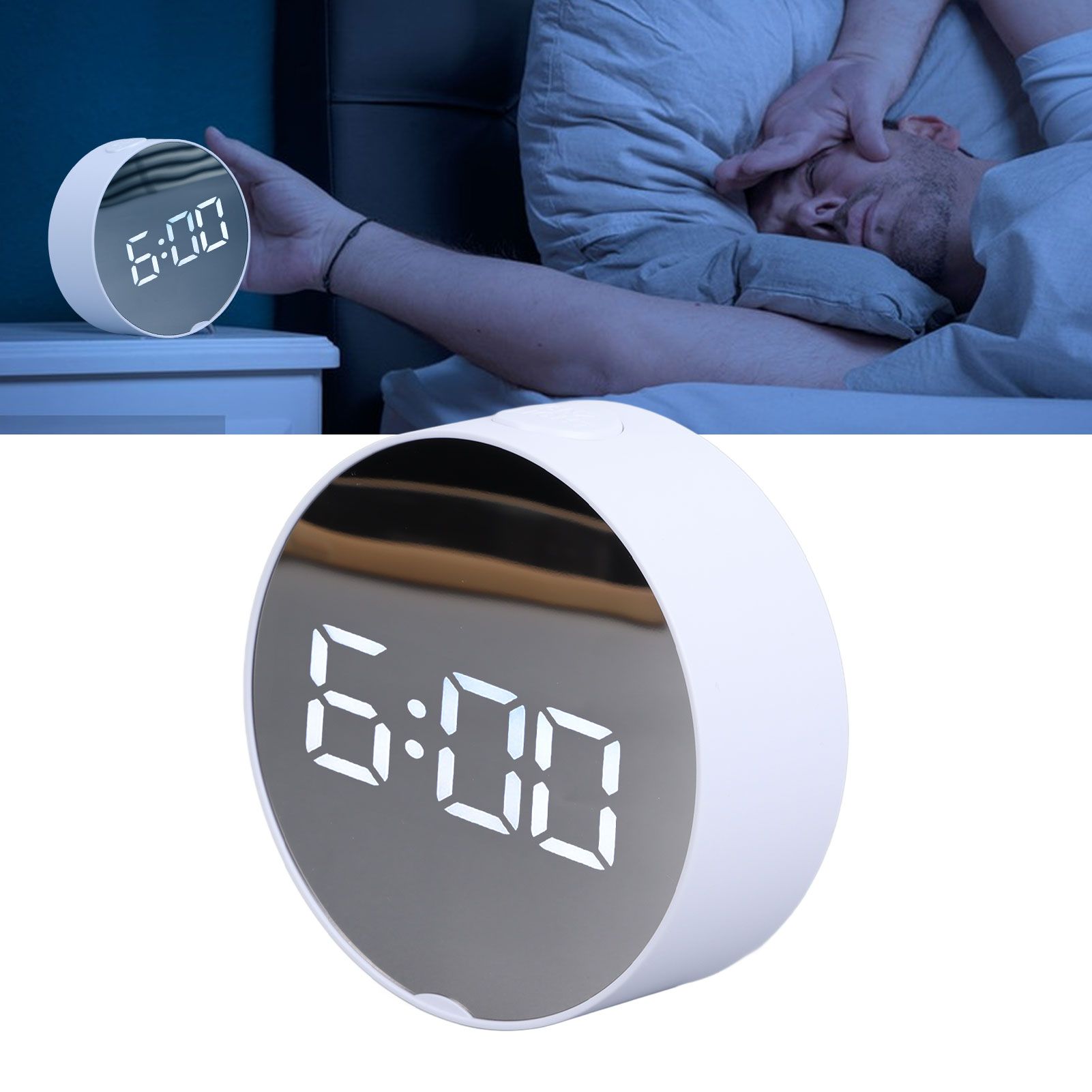 Digital Mirror Clock Alarm White Big Round Screen Easy to Read Portable LED view 12