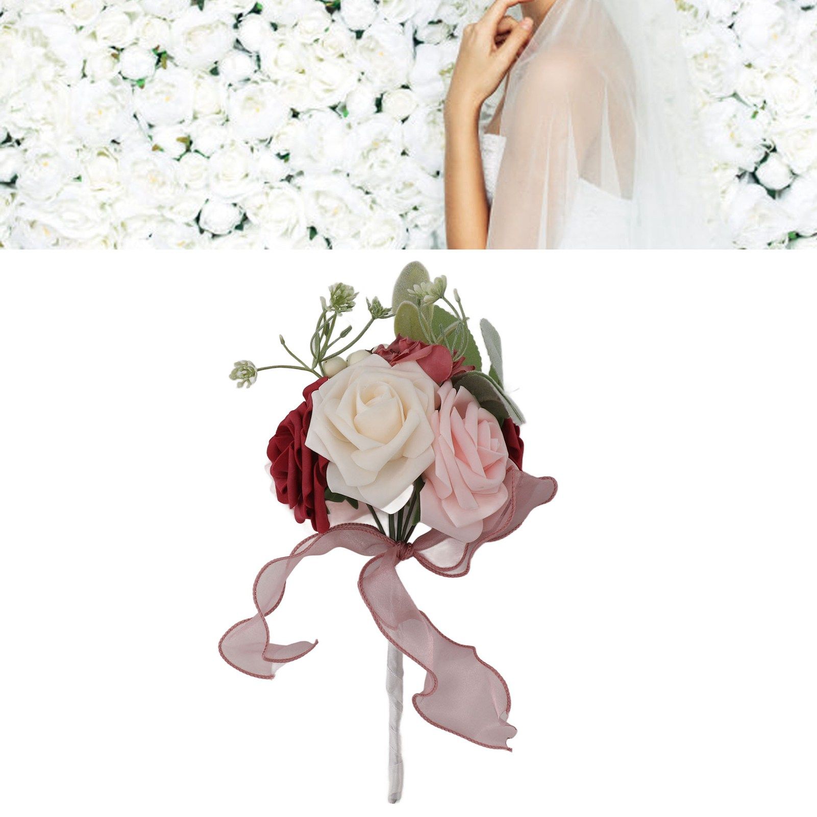 Romantic Rose Bridal Wedding Bouquet Artificial Silk Flowers Fake Flowers view 11