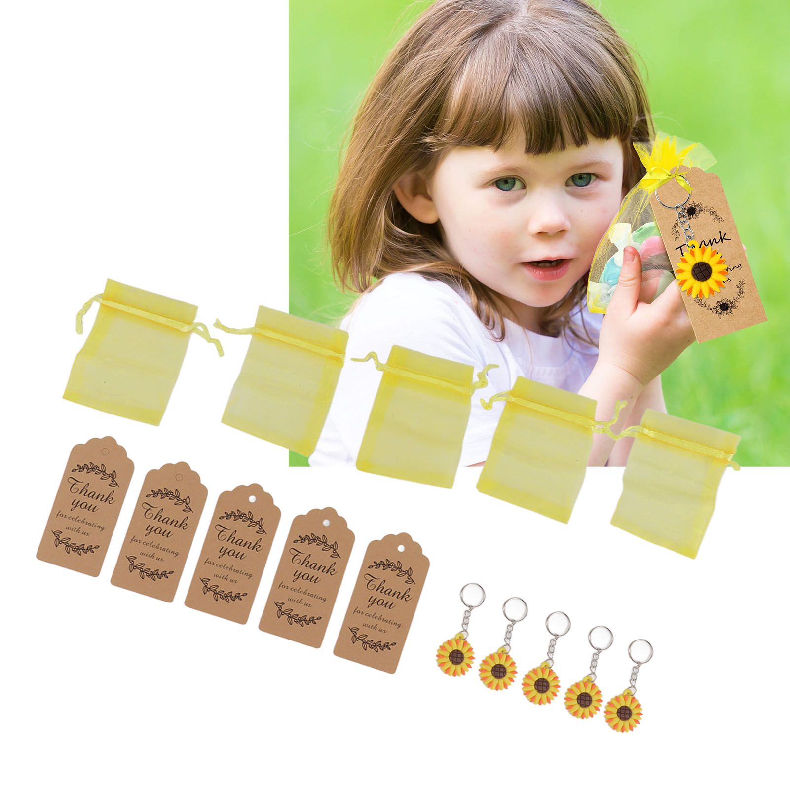 30 Sets Sunflower Party Favors Keychain Bags Tags Sunflower Return Gifts for view 12