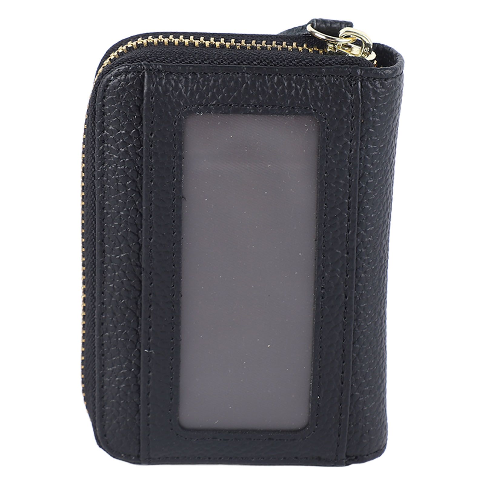 Card Wallet Black Leather 10 Slots Zipper Compact Transparent Window Card