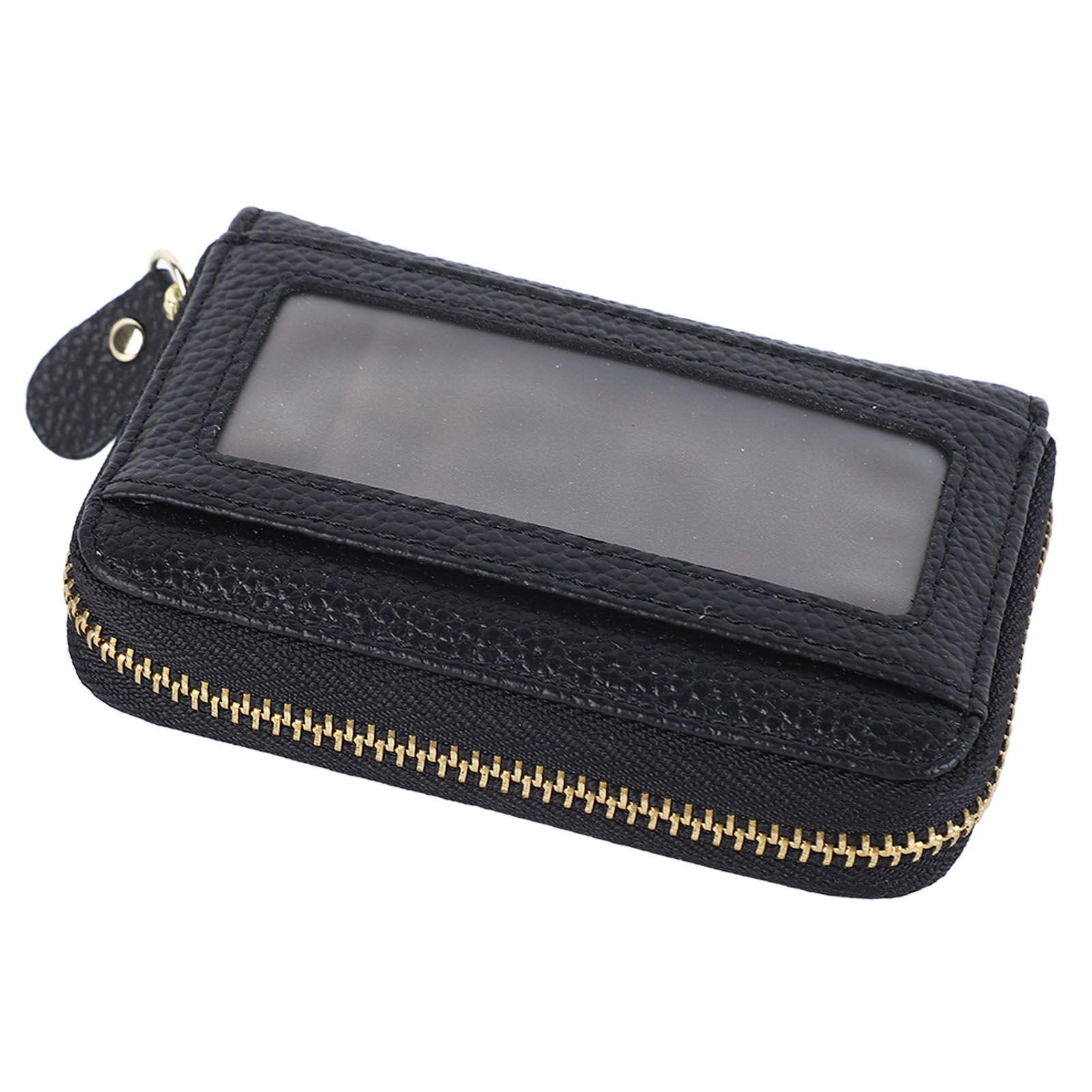 Card Wallet Black Leather 10 Slots Zipper Compact Transparent Window Card view 6