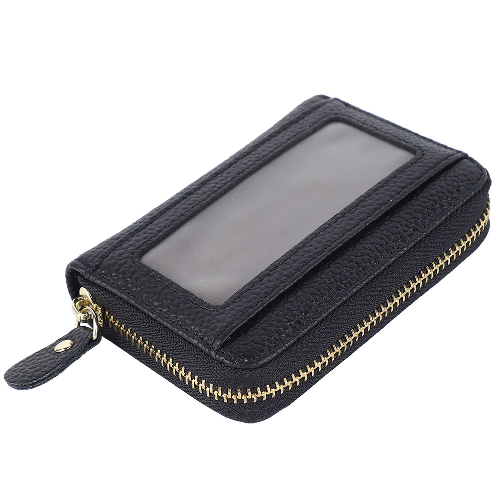 Card Wallet Black Leather 10 Slots Zipper Compact Transparent Window Card view 7