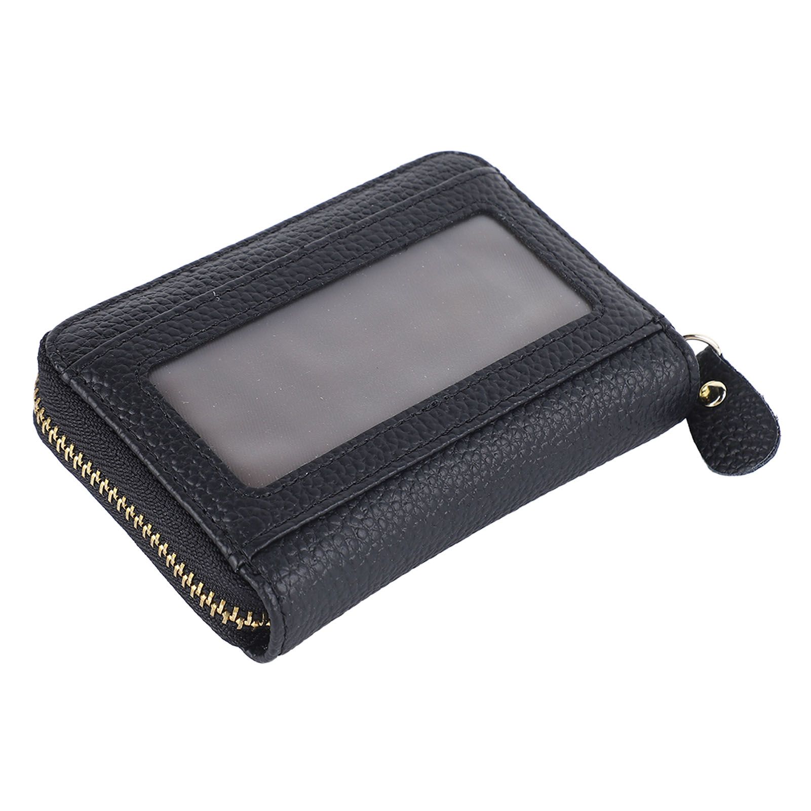 Card Wallet Black Leather 10 Slots Zipper Compact Transparent Window Card view 9