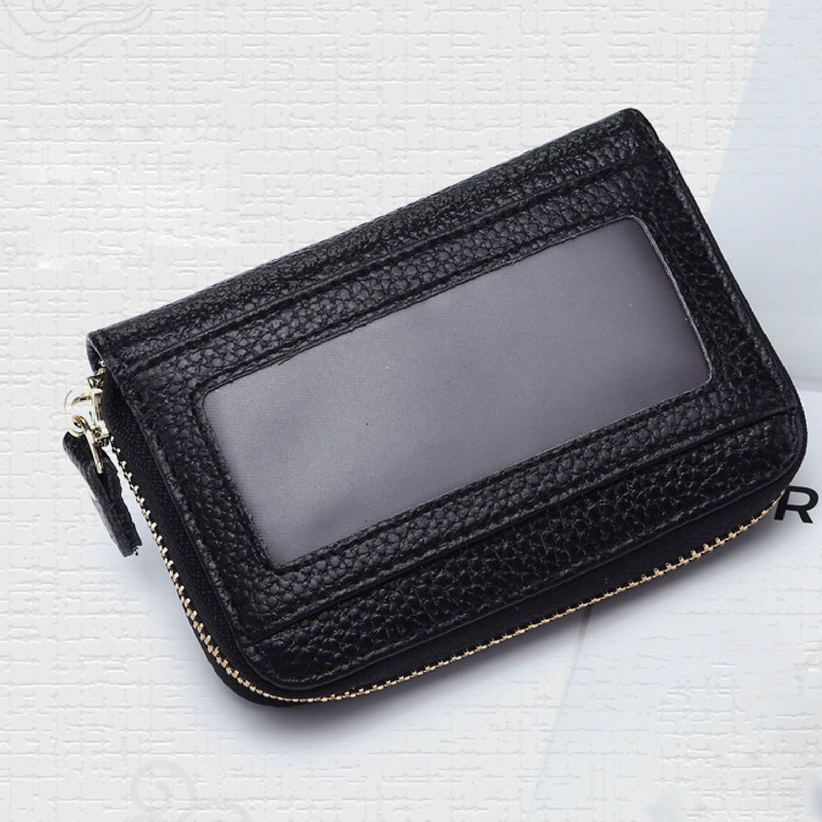 Card Wallet Black Leather 10 Slots Zipper Compact Transparent Window Card view 11