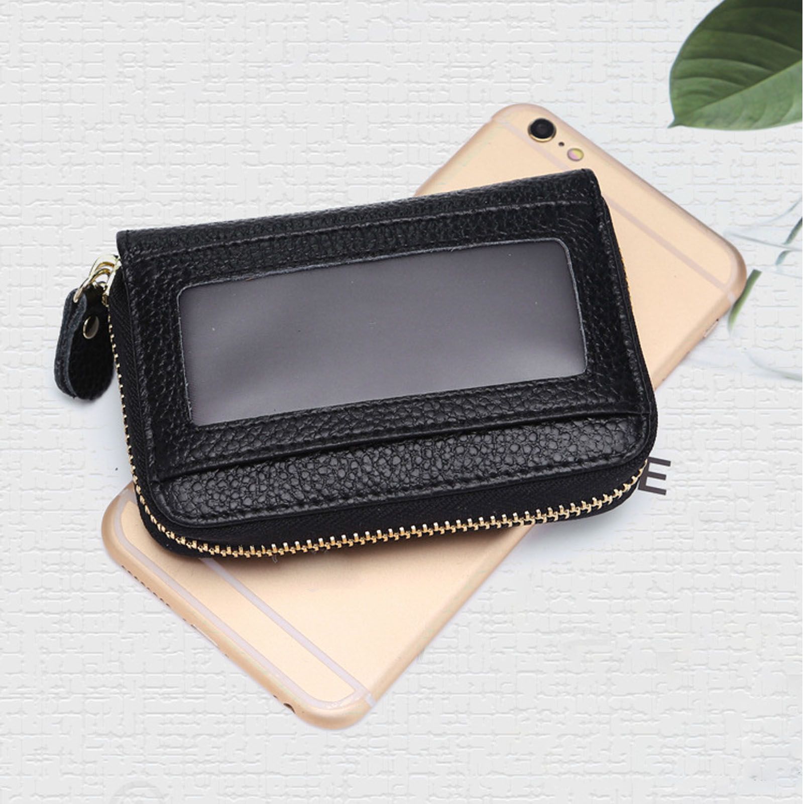 Card Wallet Black Leather 10 Slots Zipper Compact Transparent Window Card view 12