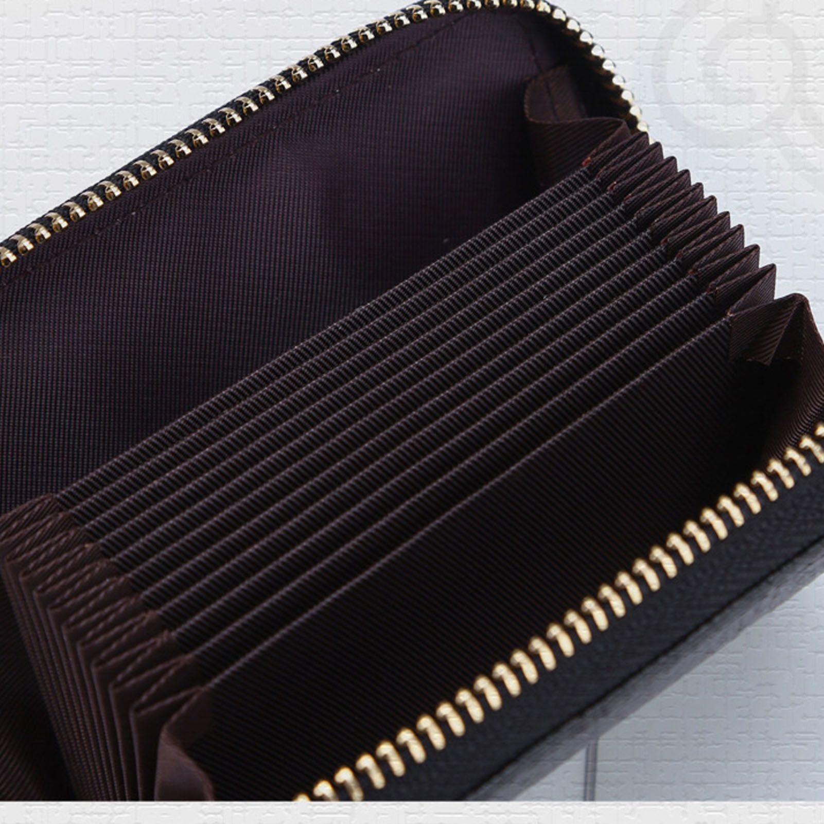 Card Wallet Black Leather 10 Slots Zipper Compact Transparent Window Card view 14