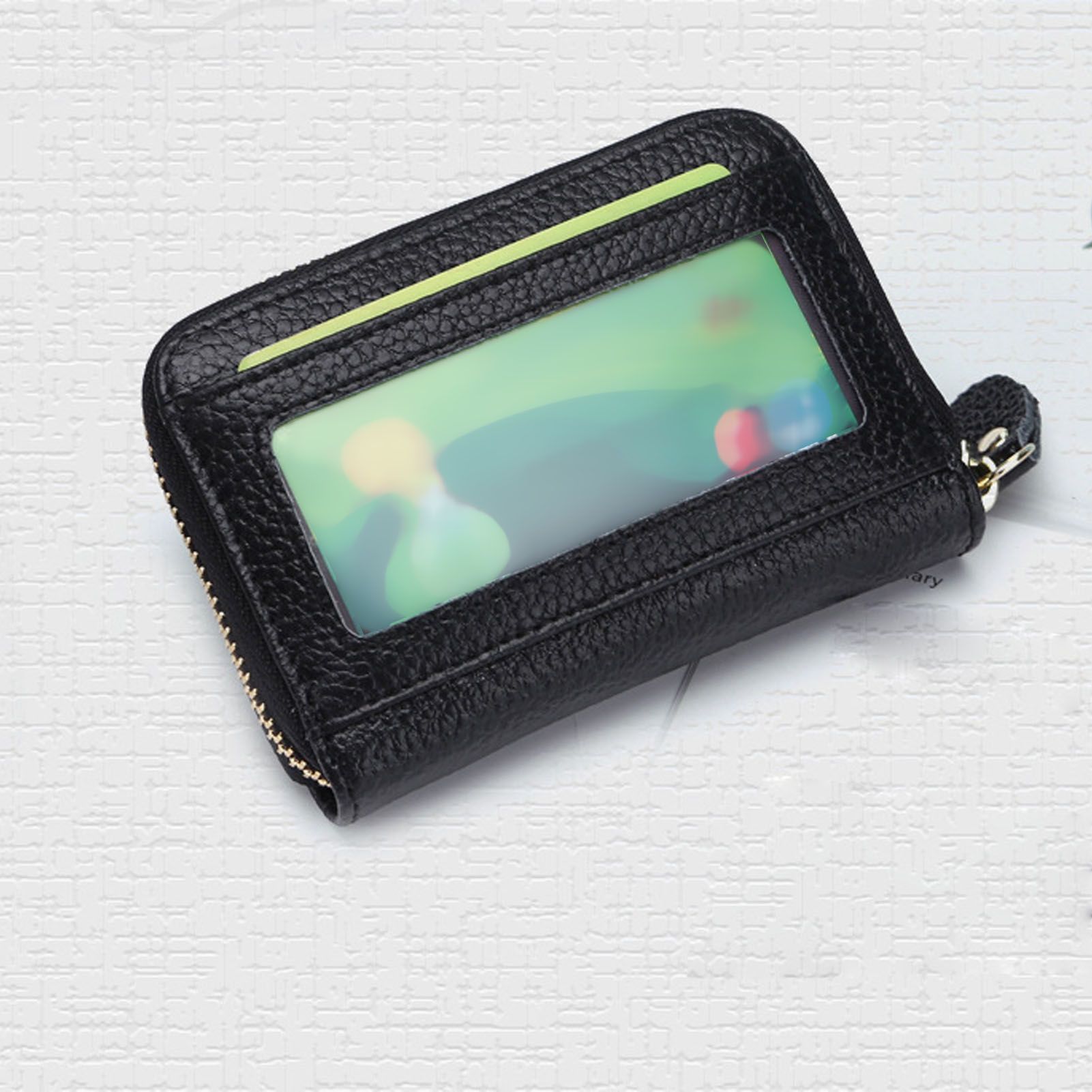 Card Wallet Black Leather 10 Slots Zipper Compact Transparent Window Card view 15