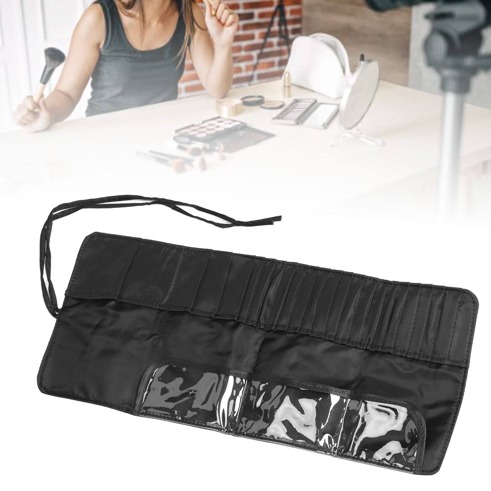 Makeup Brush Case 26 Holes Cosmetic Tool Storage Bag Black Large Capacity view 12