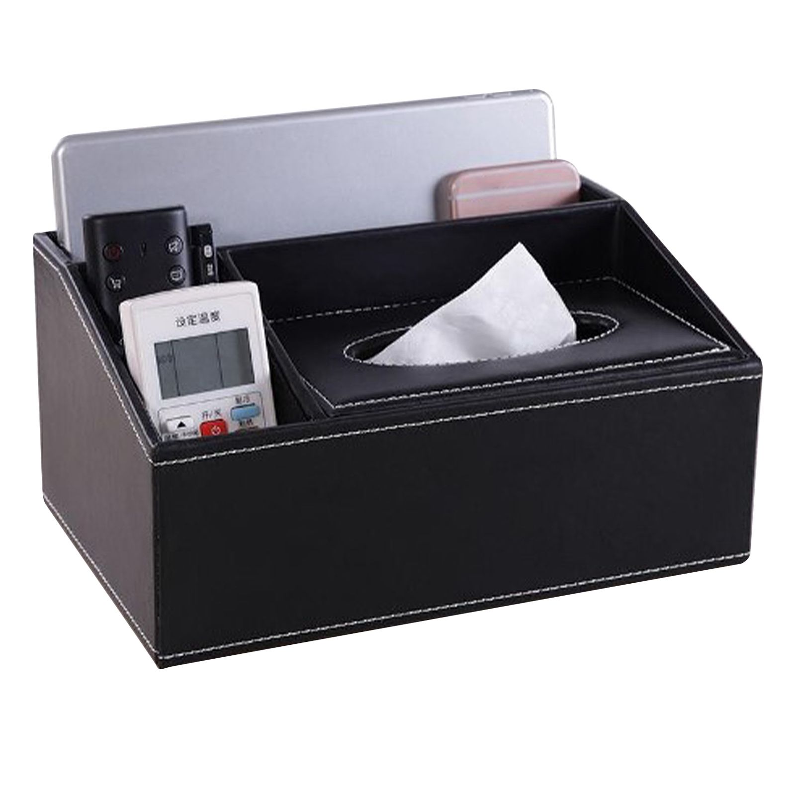 Multifunction Tissue Box Black Multiple Compartments Durable PU Leather