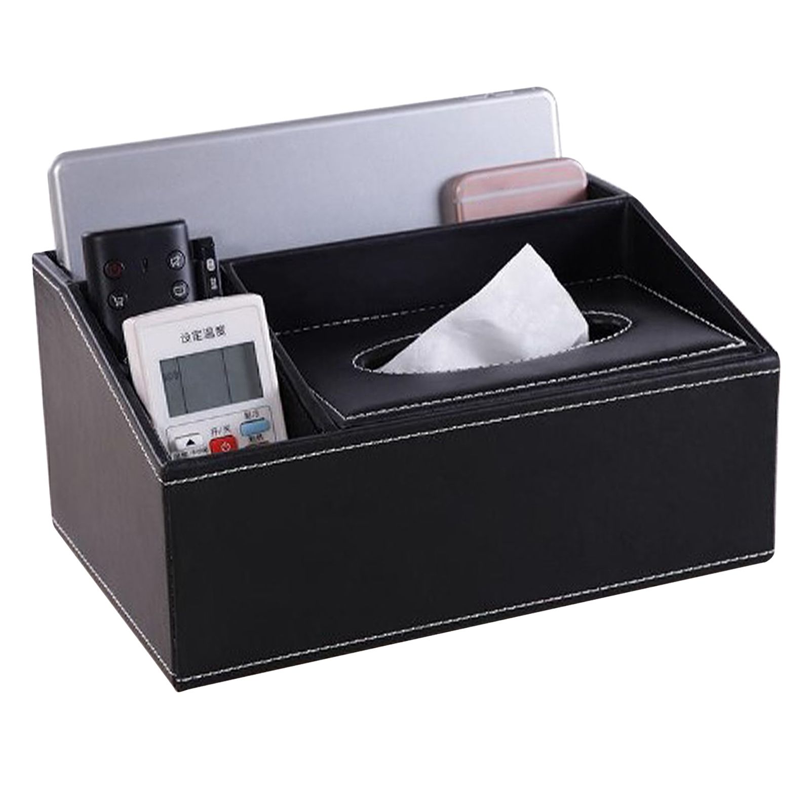 Multifunction Tissue Box Black Multiple Compartments Durable PU Leather view 2