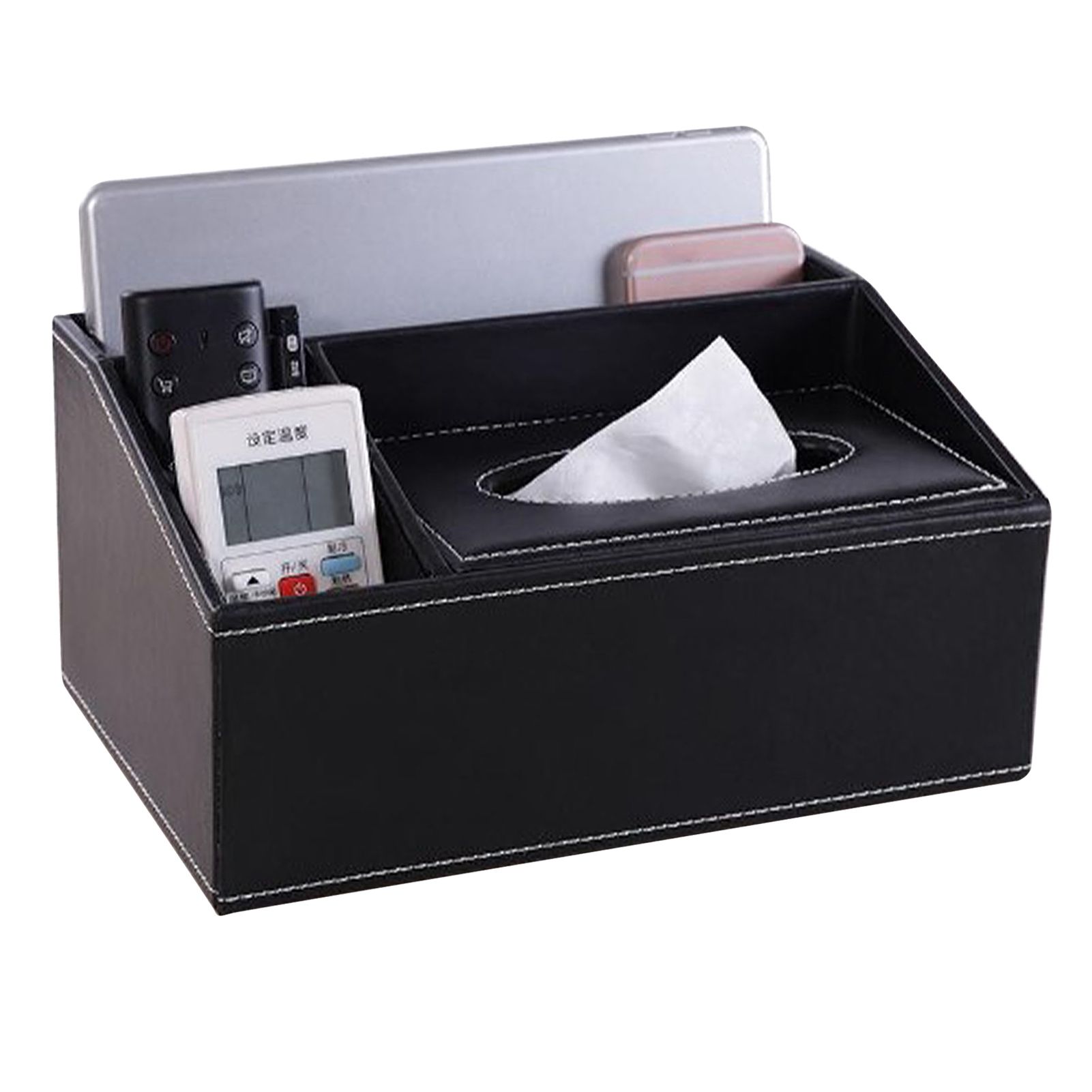 Multifunction Tissue Box Black Multiple Compartments Durable PU Leather view 3