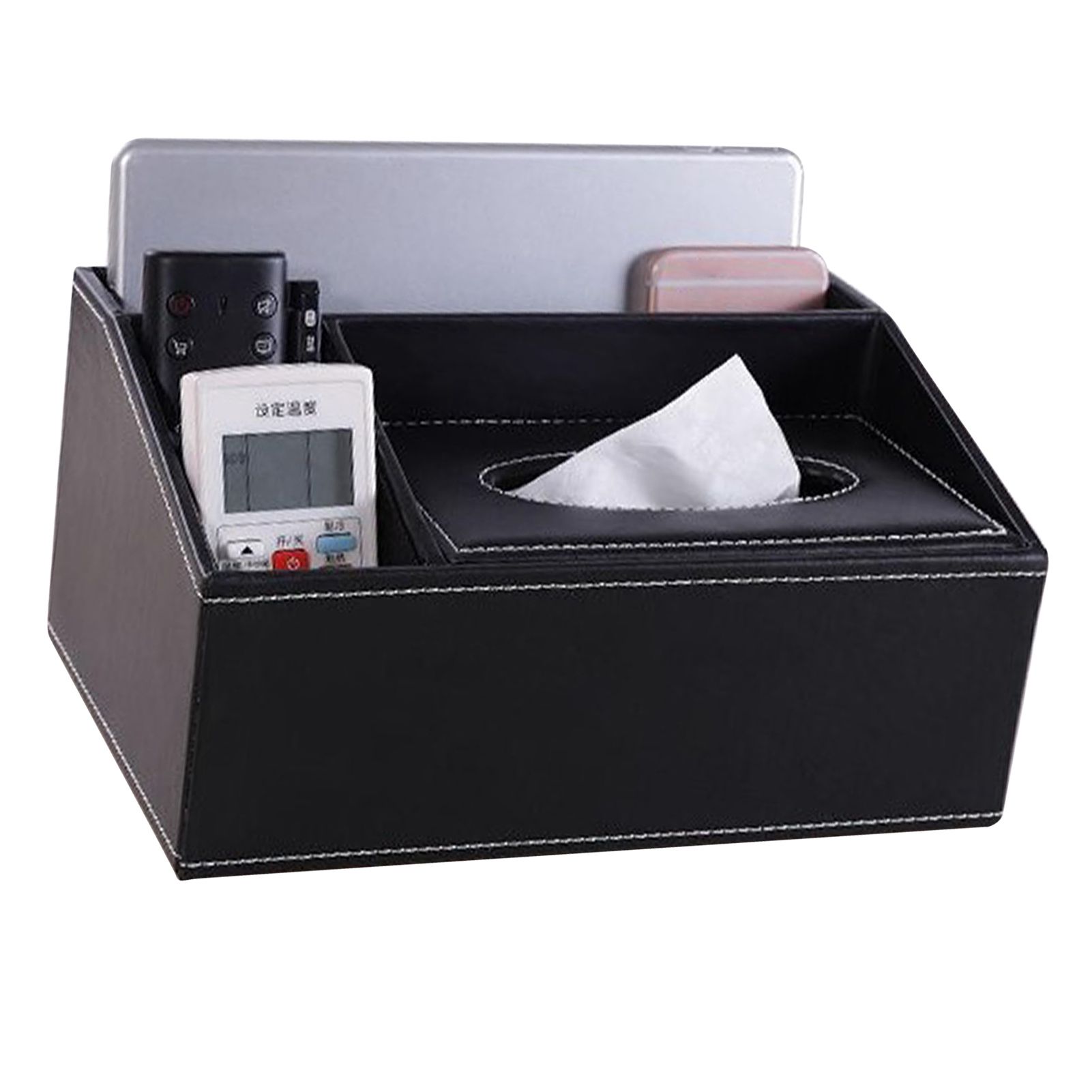 Multifunction Tissue Box Black Multiple Compartments Durable PU Leather view 4