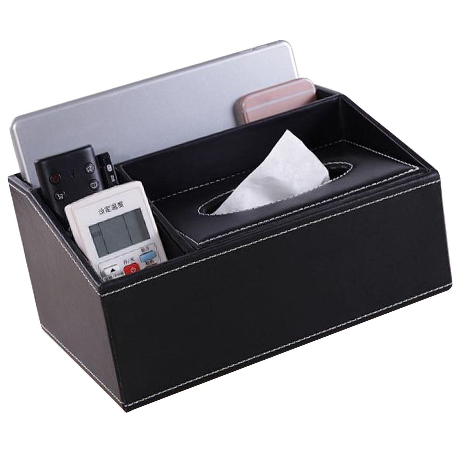 Multifunction Tissue Box Black Multiple Compartments Durable PU Leather view 5