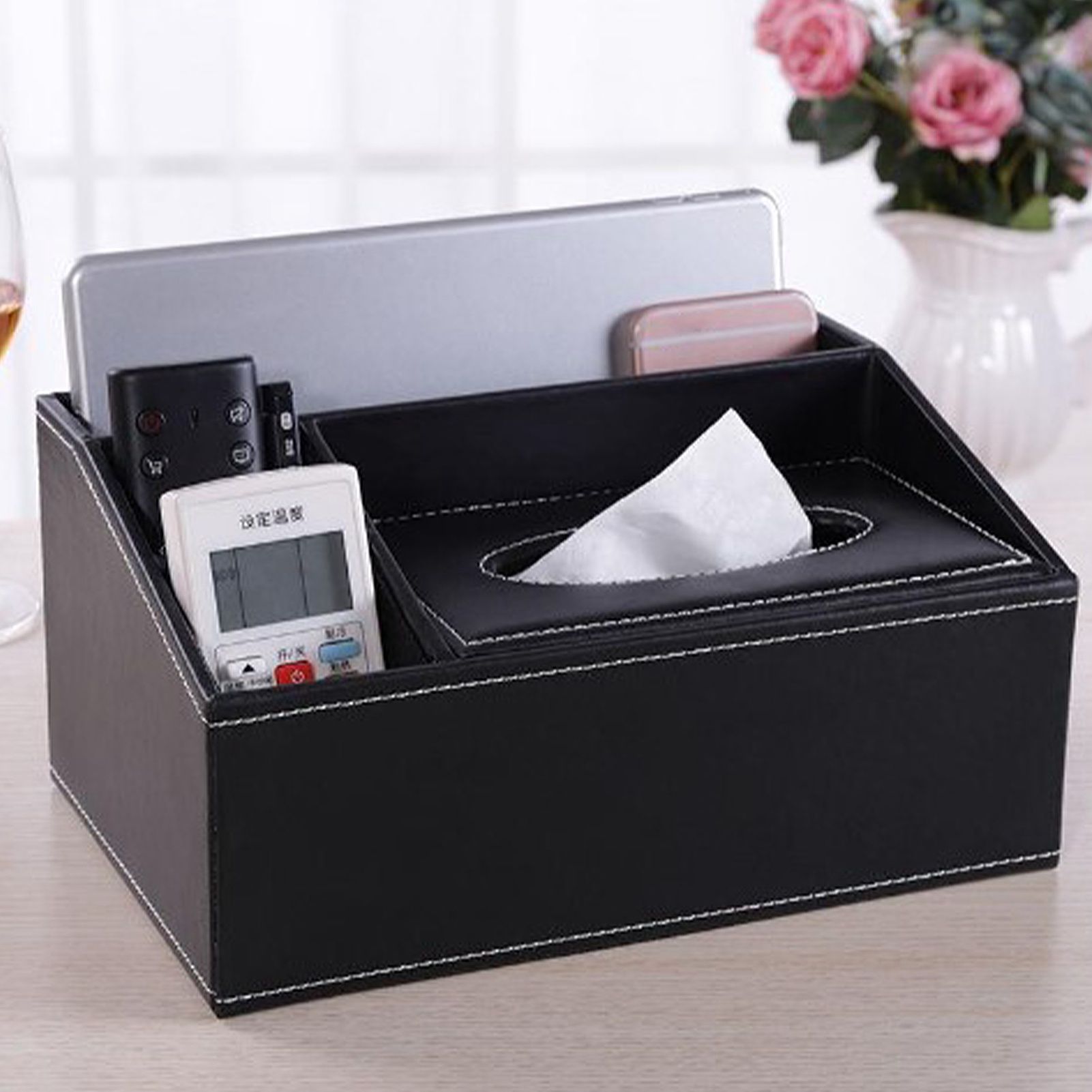 Multifunction Tissue Box Black Multiple Compartments Durable PU Leather view 6