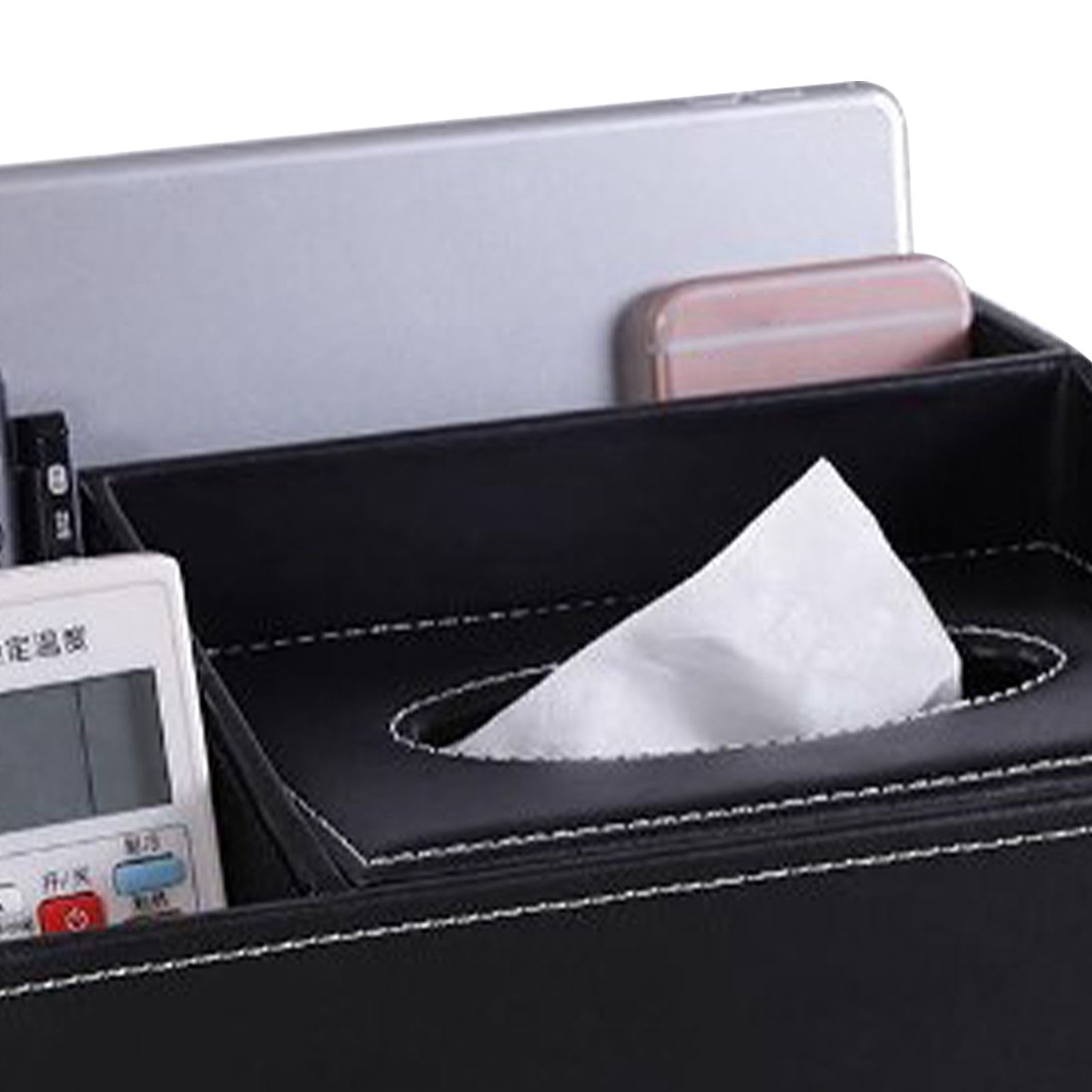 Multifunction Tissue Box Black Multiple Compartments Durable PU Leather view 7
