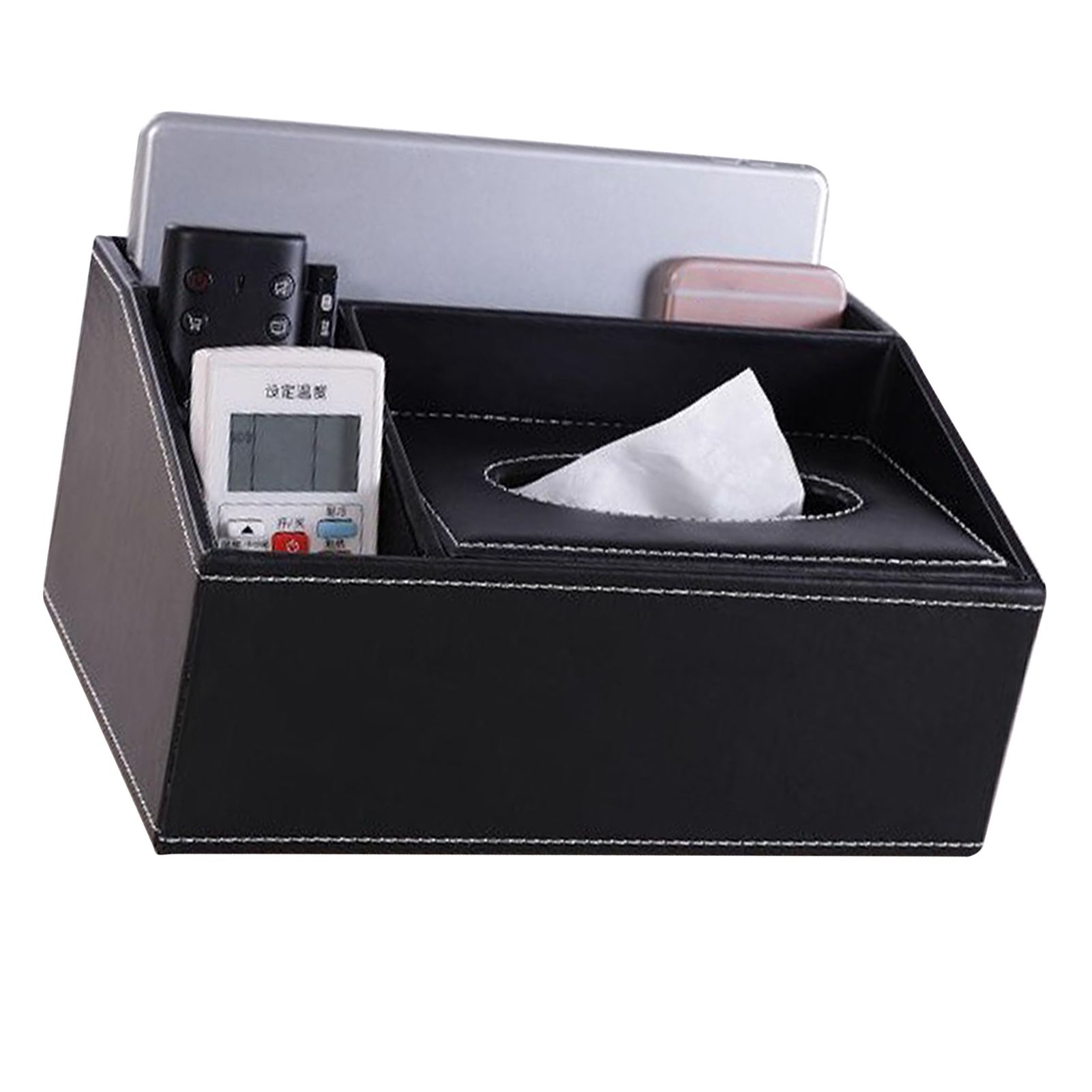Multifunction Tissue Box Black Multiple Compartments Durable PU Leather view 12