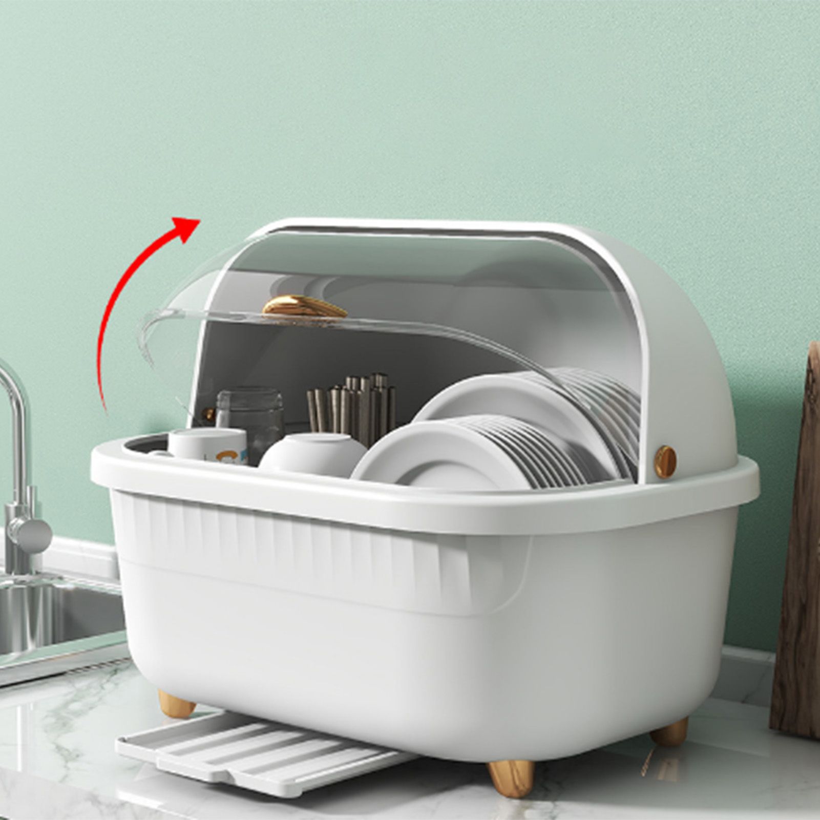 Dish Drying Box Multifunctional Space Saving Dish Drainer with Lid Cover for view 11