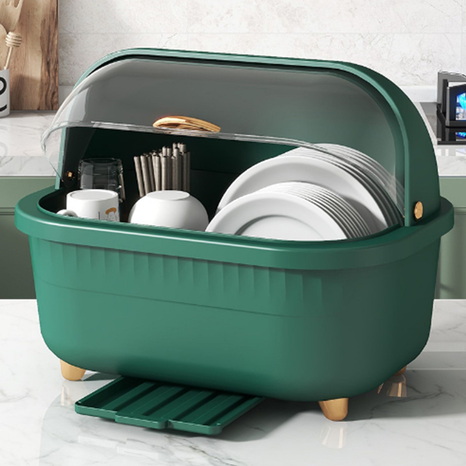 Dish Drying Box Multifunctional Space Saving Dish Drainer with Lid Cover for view 12