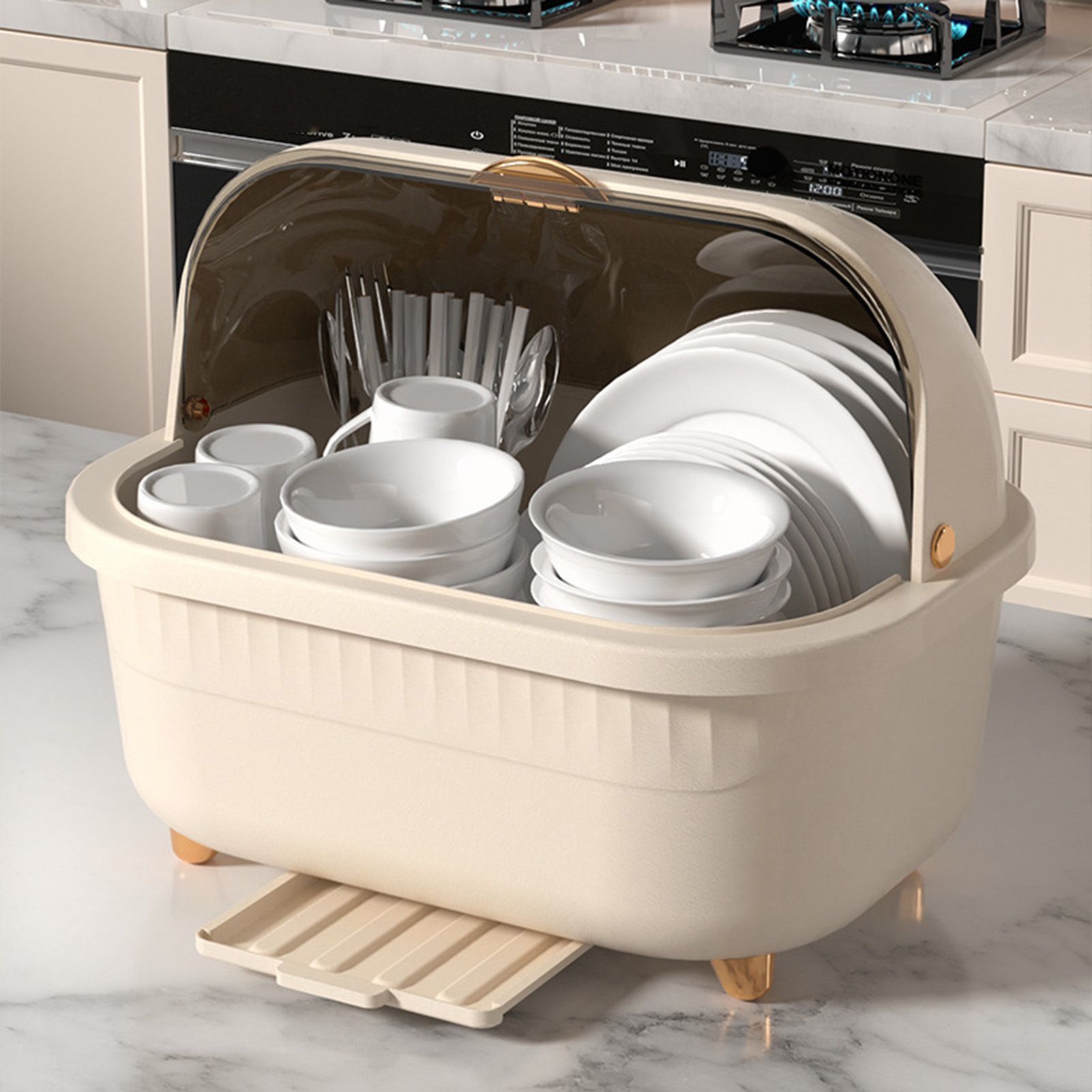 Dish Drying Box Multifunctional Space Saving Dish Drainer with Lid Cover for view 13