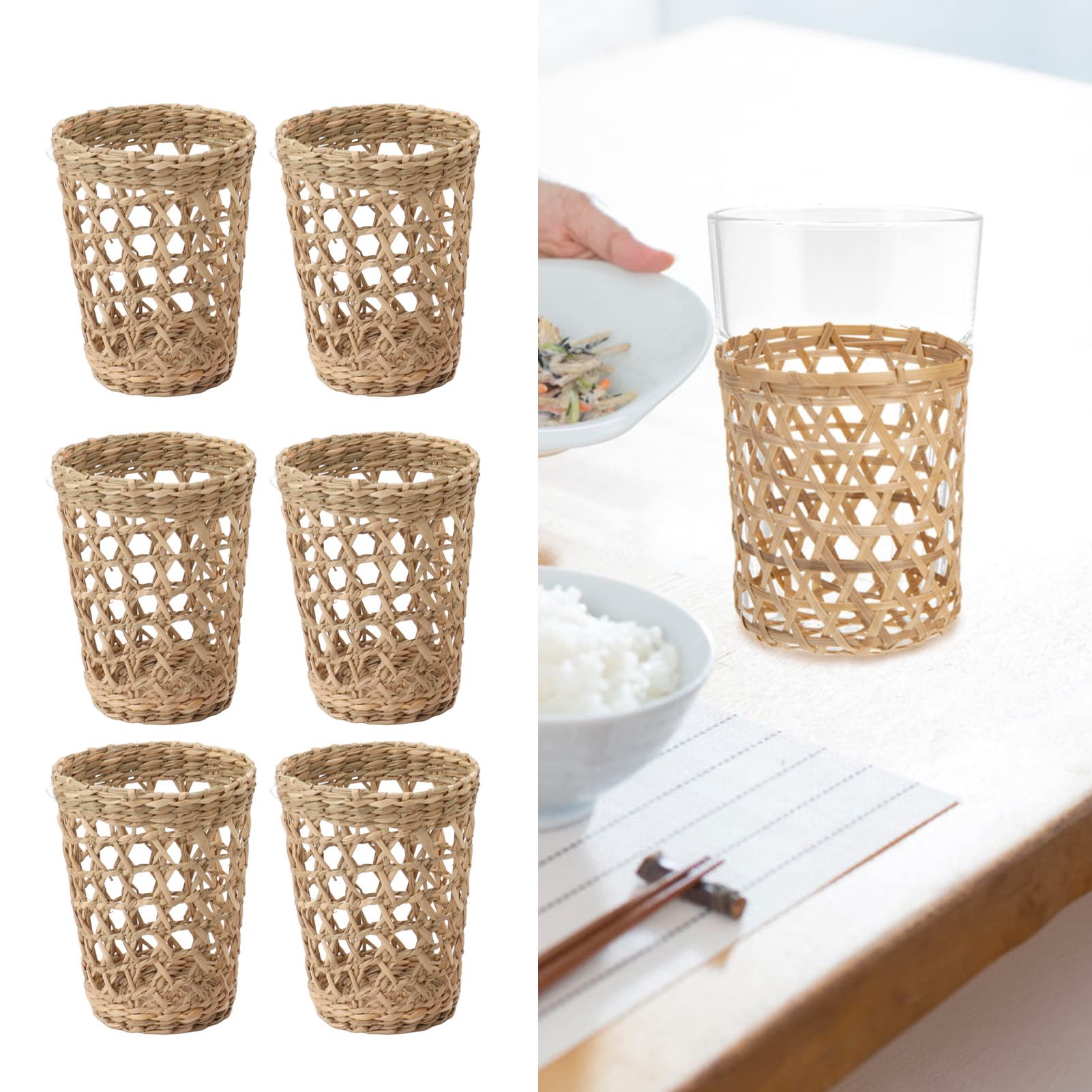 6 PCS Woven Cup Holders Anti Scald Hollow Straw Woven Glass Cup Sleeve for view 11