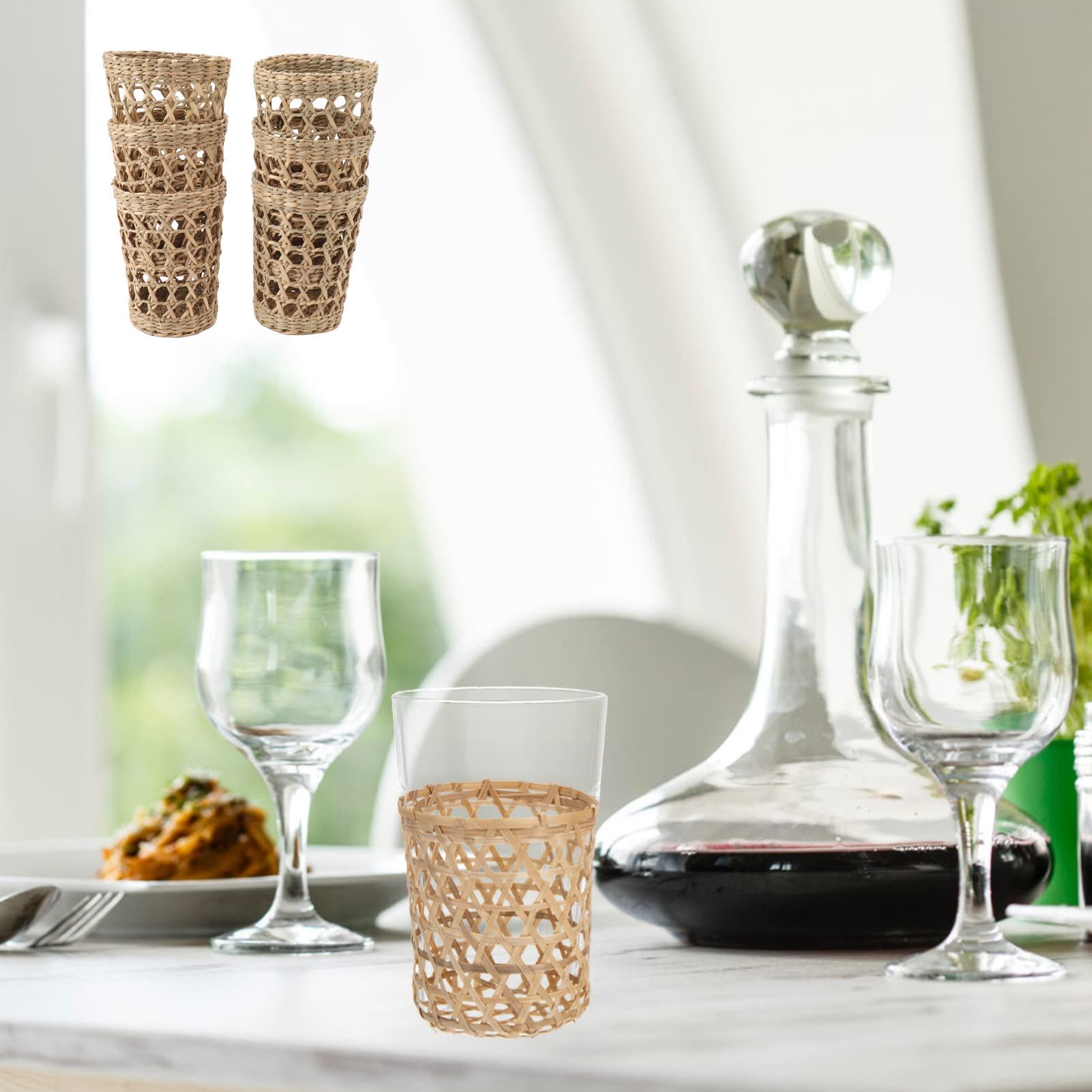 6 PCS Woven Cup Holders Anti Scald Hollow Straw Woven Glass Cup Sleeve for view 12