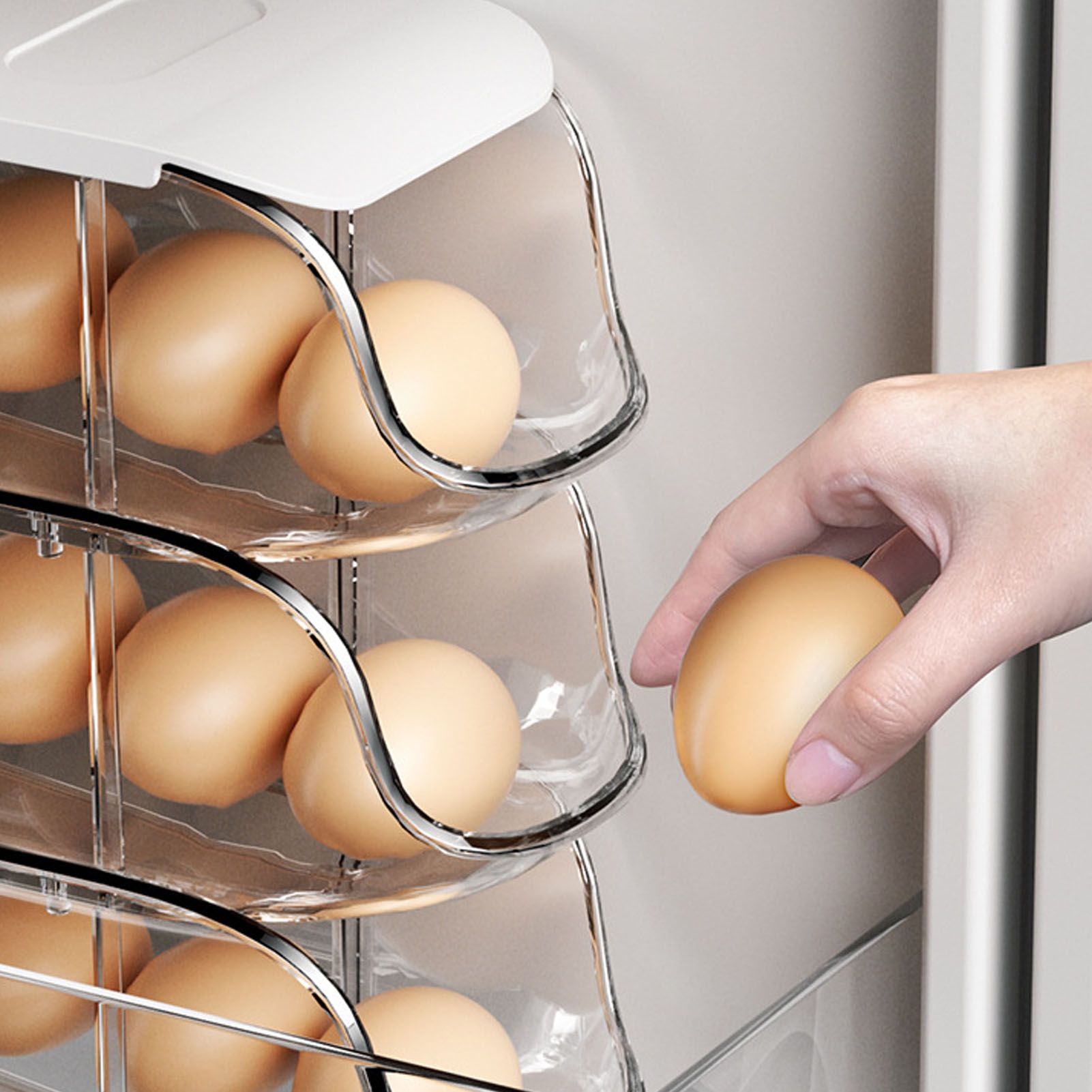 3PCS Egg Container For Refrigerator Plastic Stackable Auto Rolling Egg Holder view 13