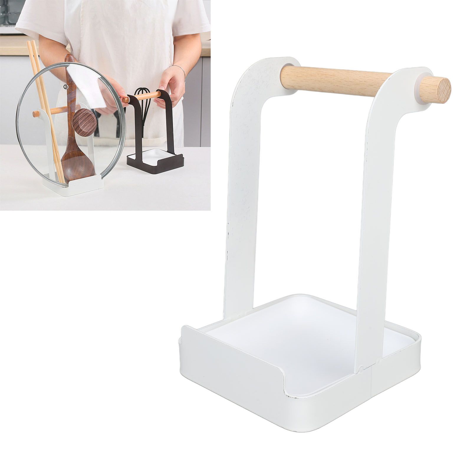 Pot Lid Holder Rack Multifunction Prevent Slip Iron Basin Wood Rack Cooking view 11