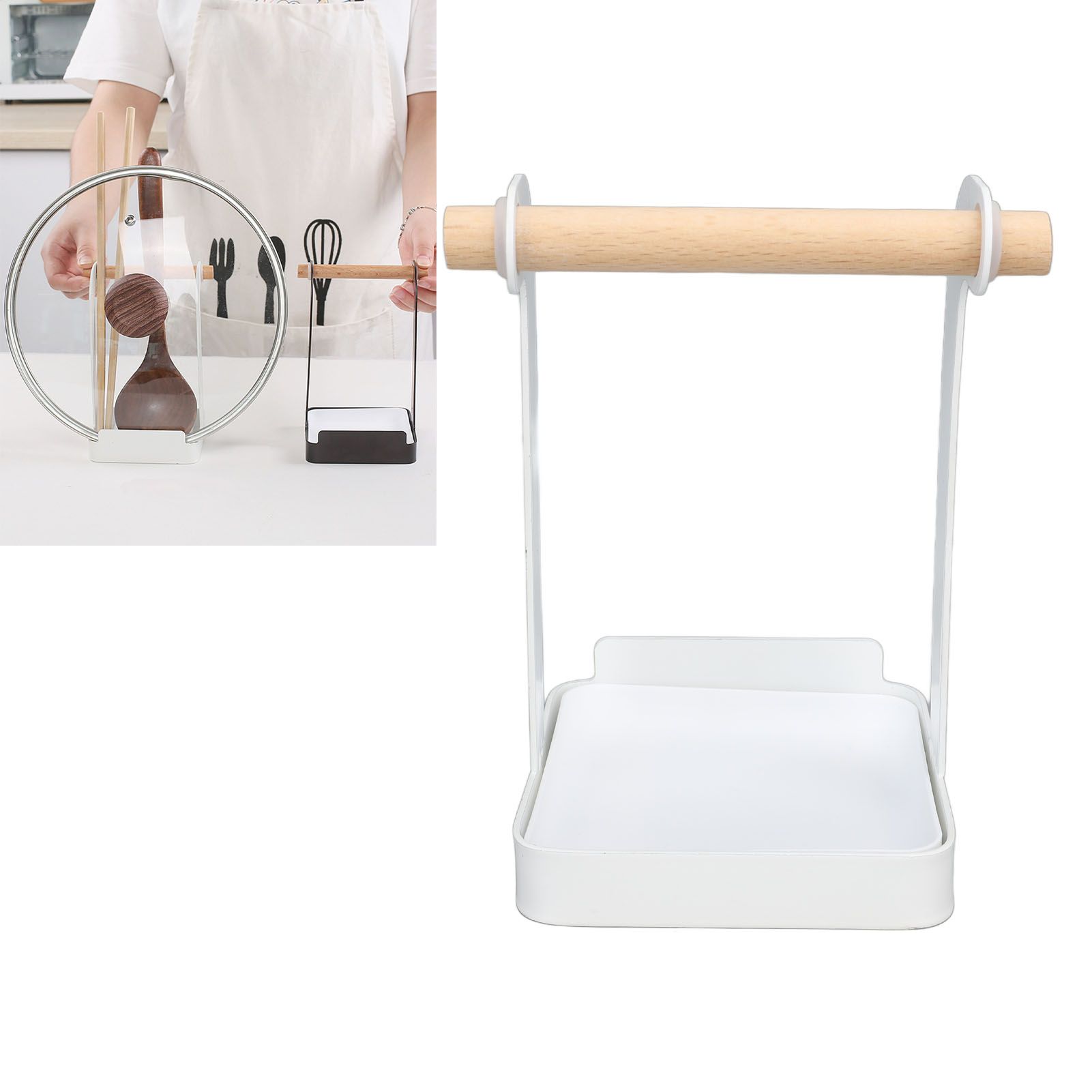 Pot Lid Holder Rack Multifunction Prevent Slip Iron Basin Wood Rack Cooking view 12