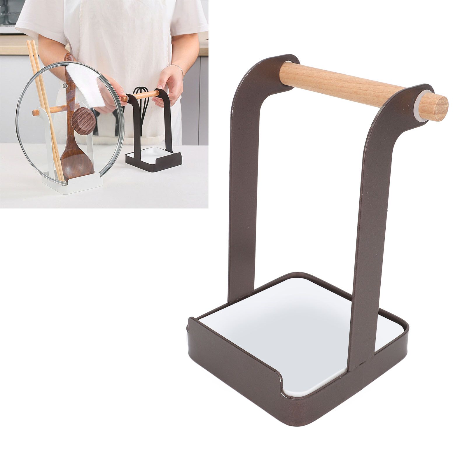 Pot Lid Holder Rack Multifunction Prevent Slip Iron Basin Wood Rack Cooking view 11