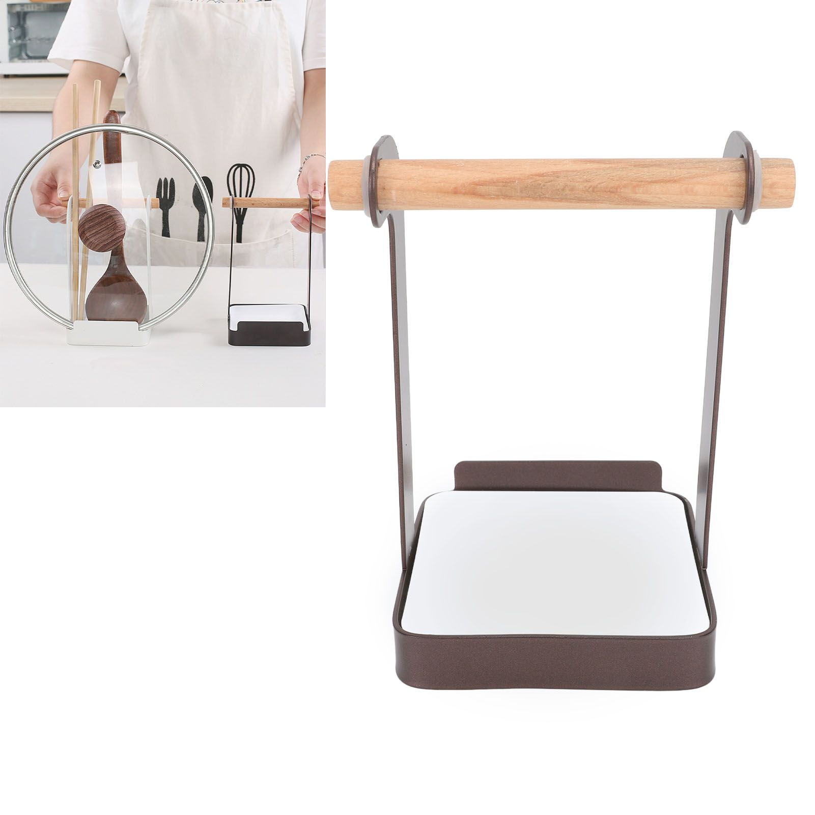 Pot Lid Holder Rack Multifunction Prevent Slip Iron Basin Wood Rack Cooking view 12