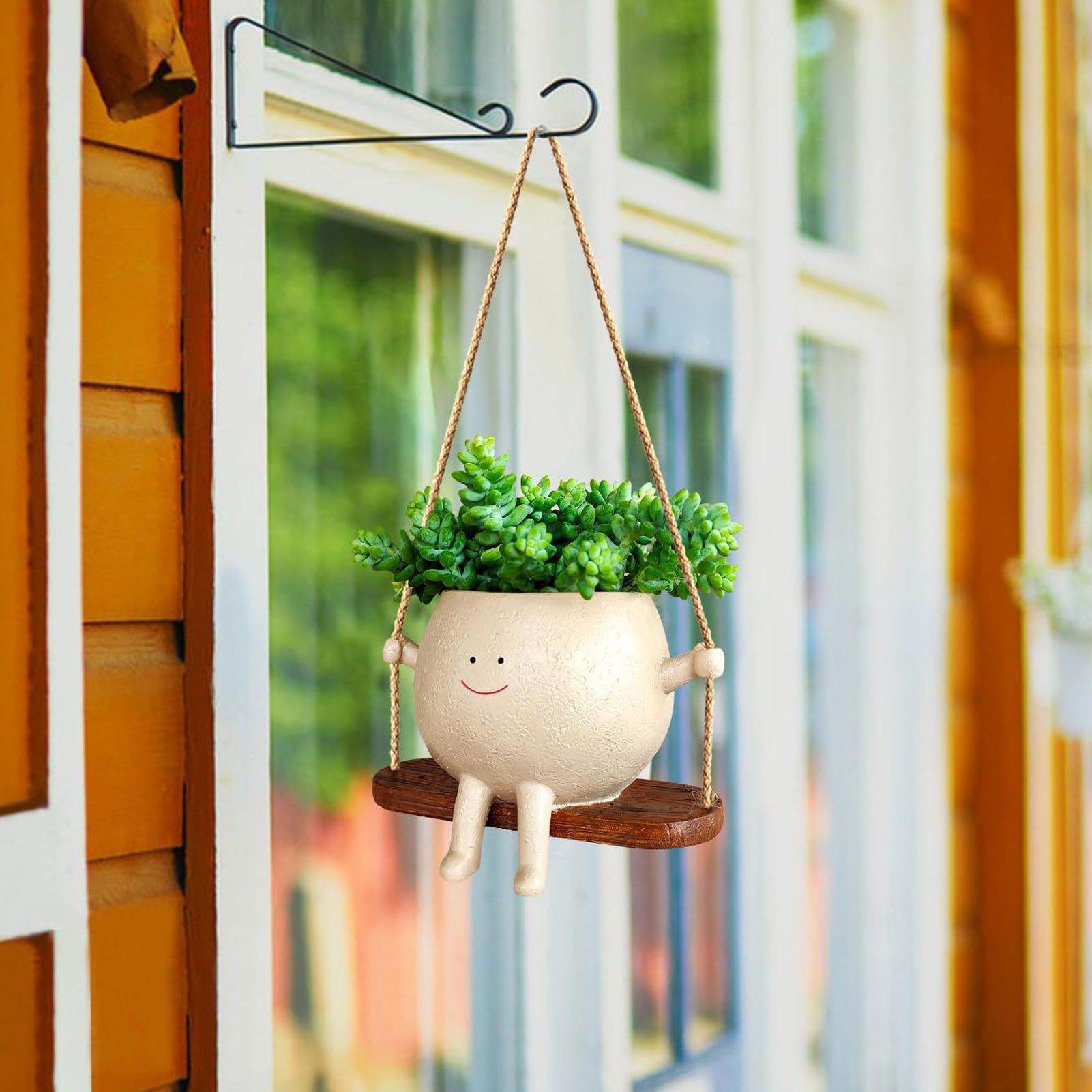 Swing Face Planter Pot Exquisite Lovely Unique Resin Hanging Planter with Rope view 11