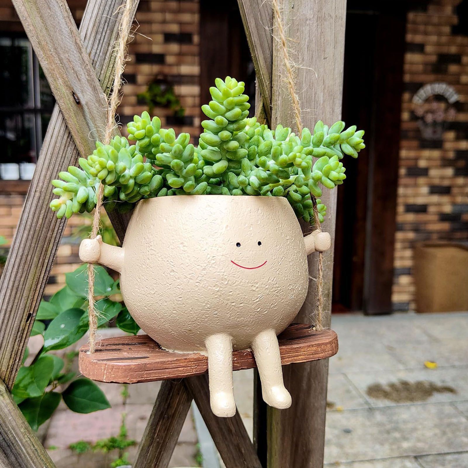 Swing Face Planter Pot Exquisite Lovely Unique Resin Hanging Planter with Rope view 12