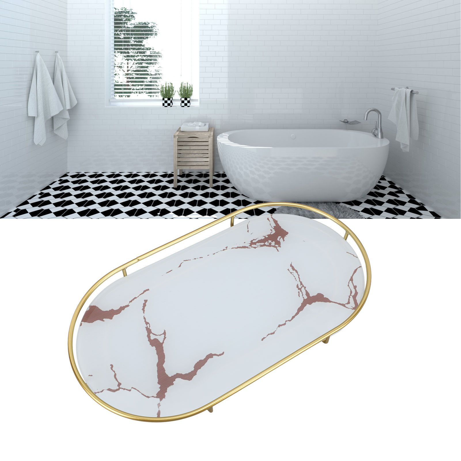 Bathroom Storage Tray Light Luxury Decorative Golden Texture Oval Bathroom view 11