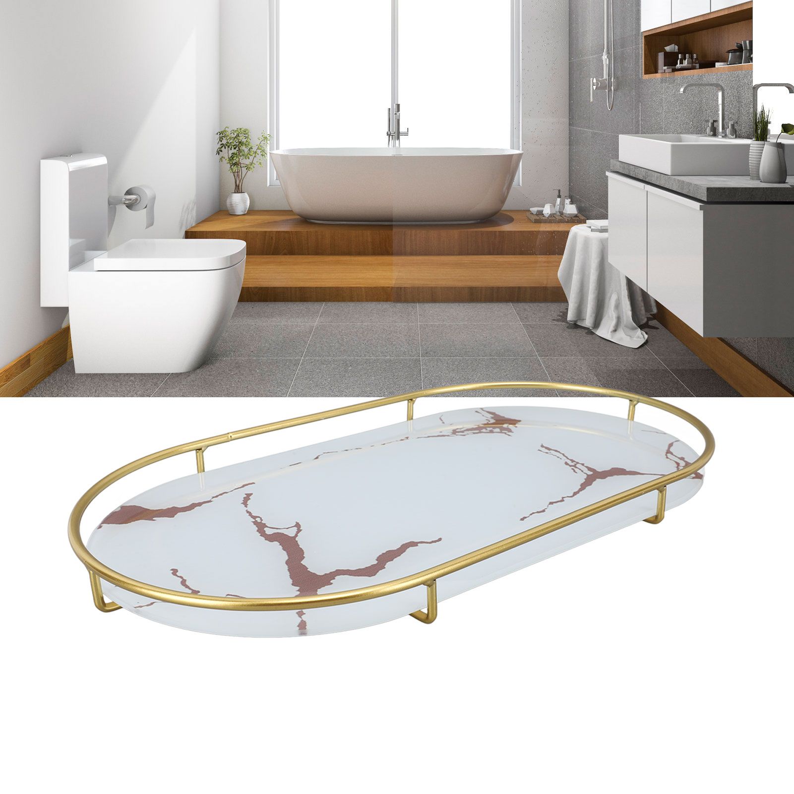 Bathroom Storage Tray Light Luxury Decorative Golden Texture Oval Bathroom view 12