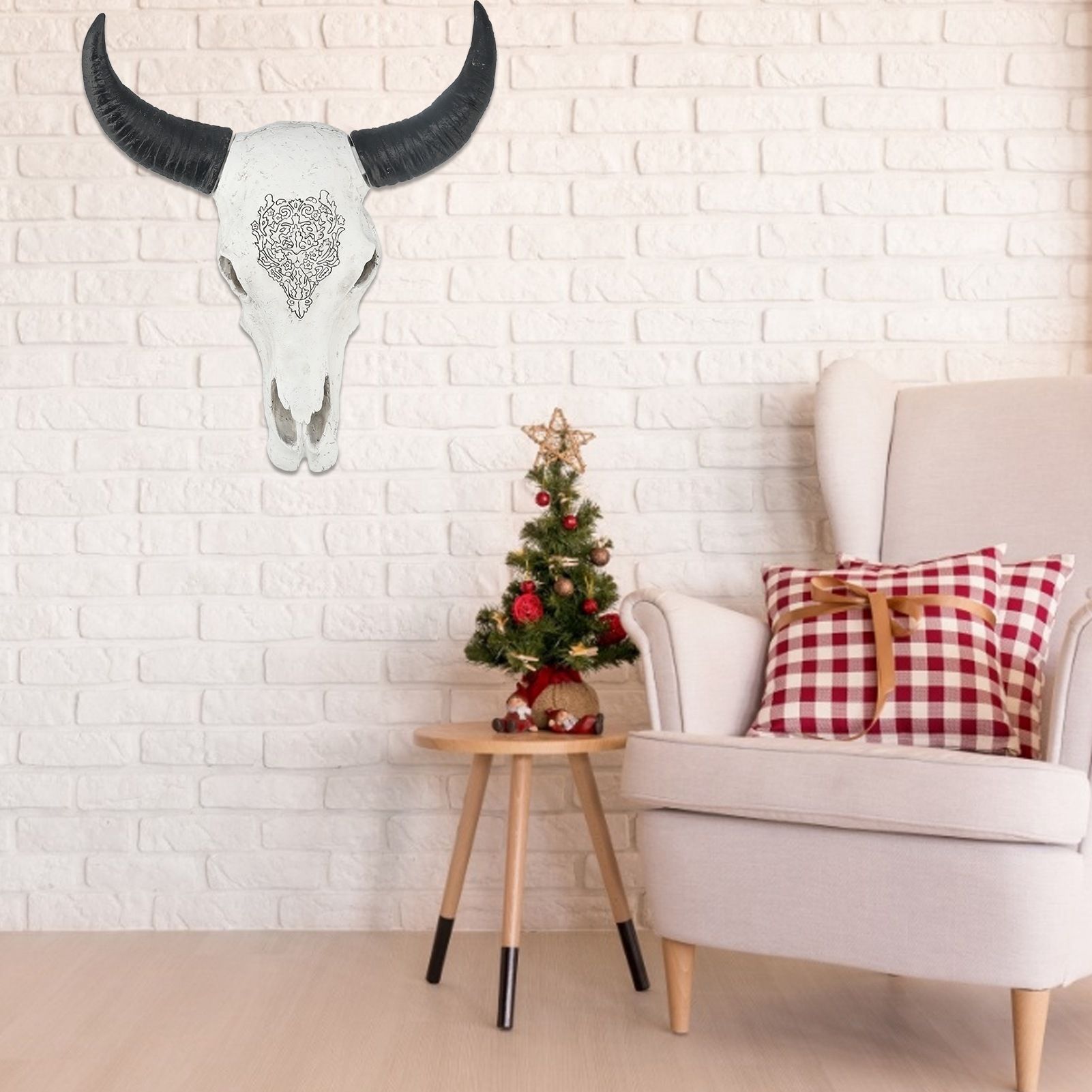 Resin Bull Head Wall Hanging Decoration Long Horn Animal Sculpture Background view 11