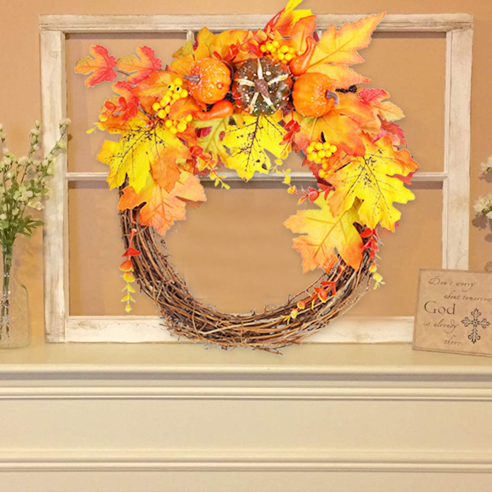 Artificial Leaf Pumpkin Wreath Door Window Fall Wreath for Halloween Christmas view 8