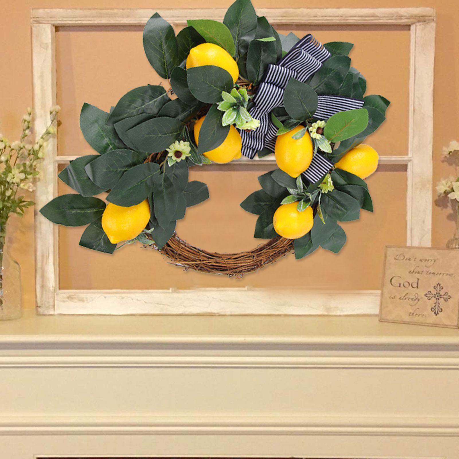 Artificial Lemon Daisy Flower Wreath Door Hanging Garland for Theme Party view 11