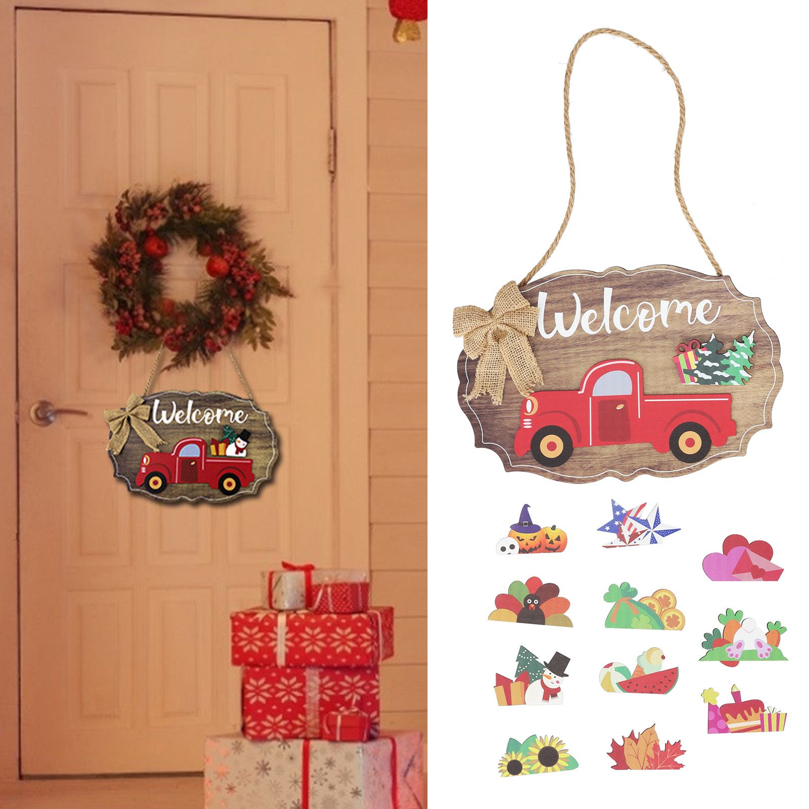 Wooden Welcome Sign with 12Pcs Interchangeable Seasonal Icons Wall Hanging view 12