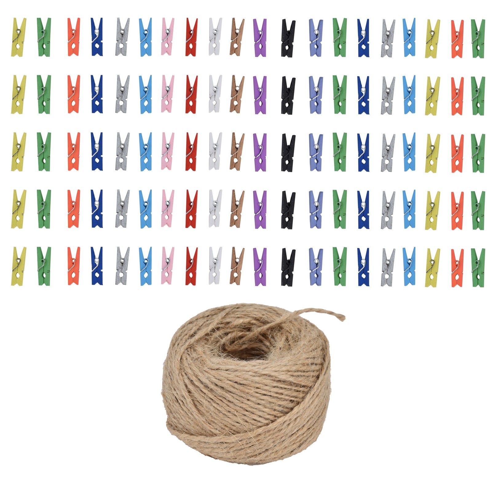 100PCS Wooden Clip Mini Color Wood Clip Birch Card Photo Clip with 10m Rope